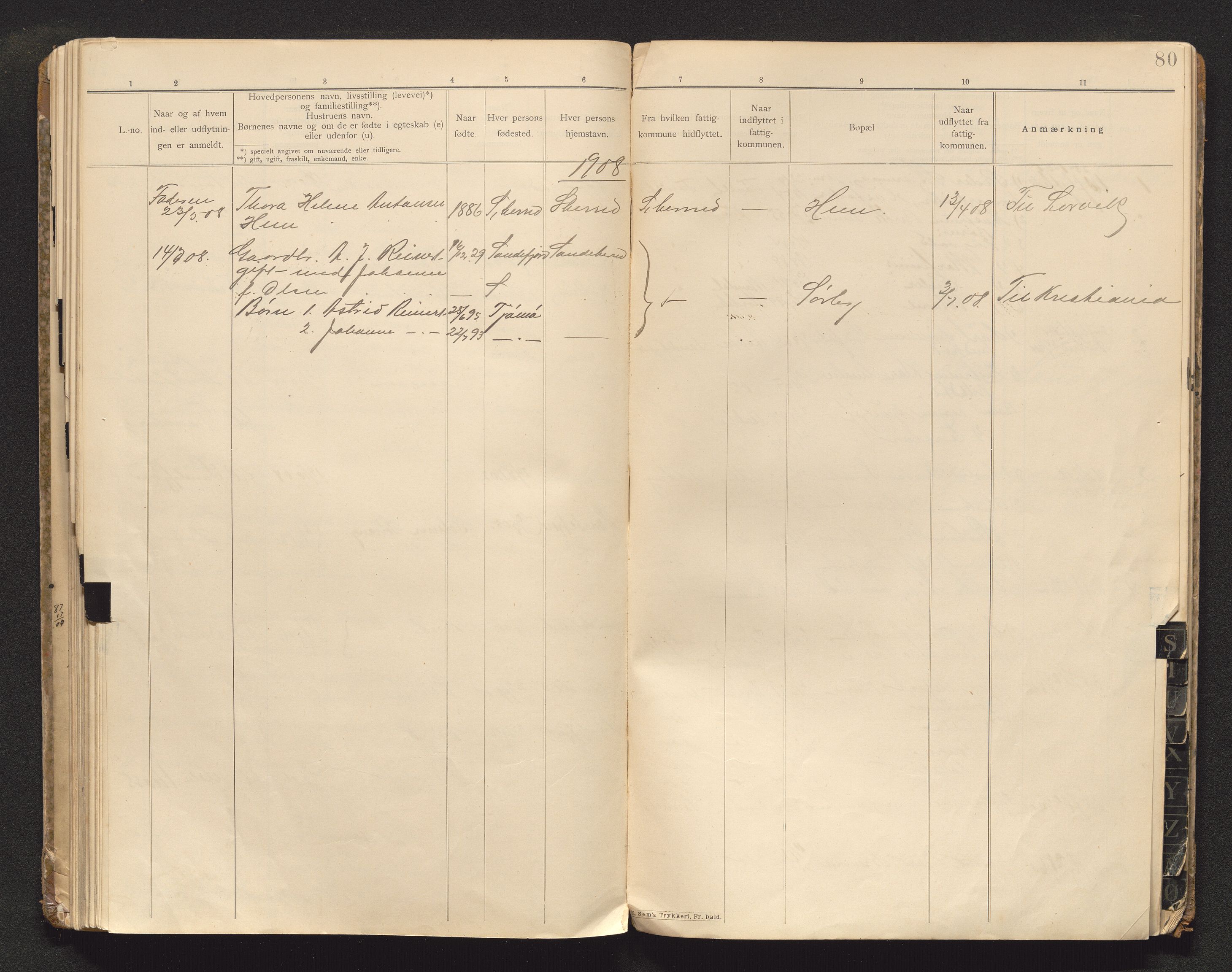 Sandar lensmannskontor, AV/SAKO-A-545/O/Oa/L0001: Protokoll over inn- og utflyttede, 1901-1908, s. 79b-80a