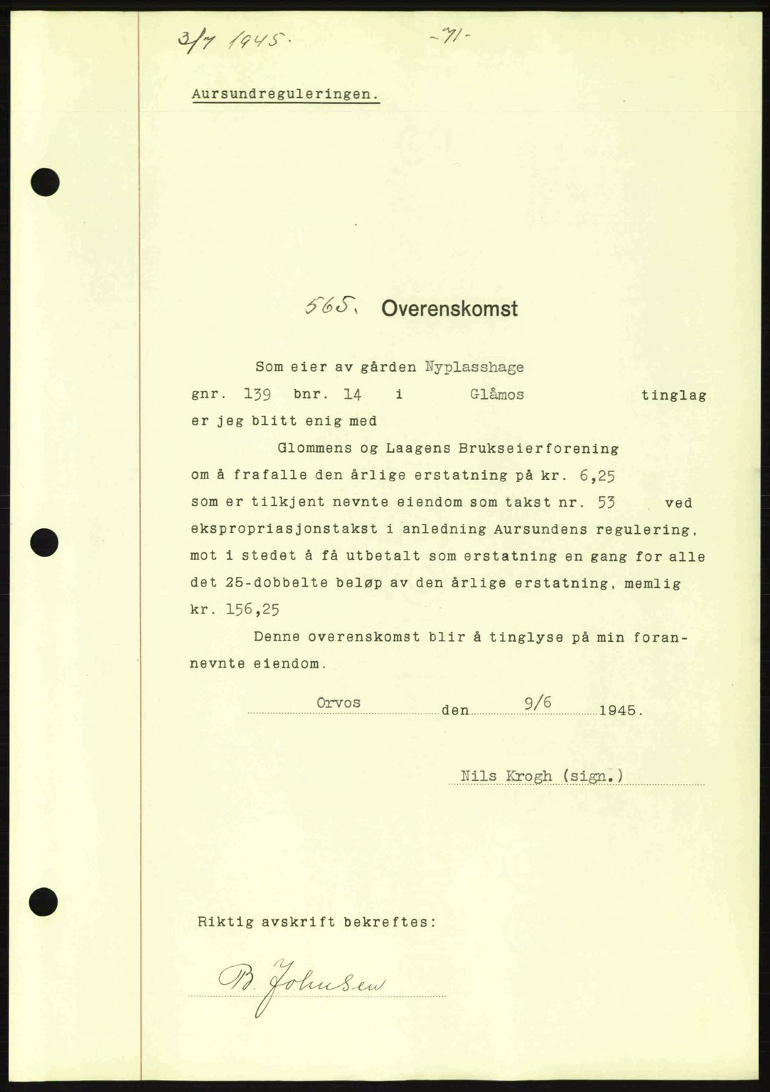 Gauldal sorenskriveri, SAT/A-0014/1/2/2C: Pantebok nr. A1a, 1945-1945, Dagboknr: 565/1945