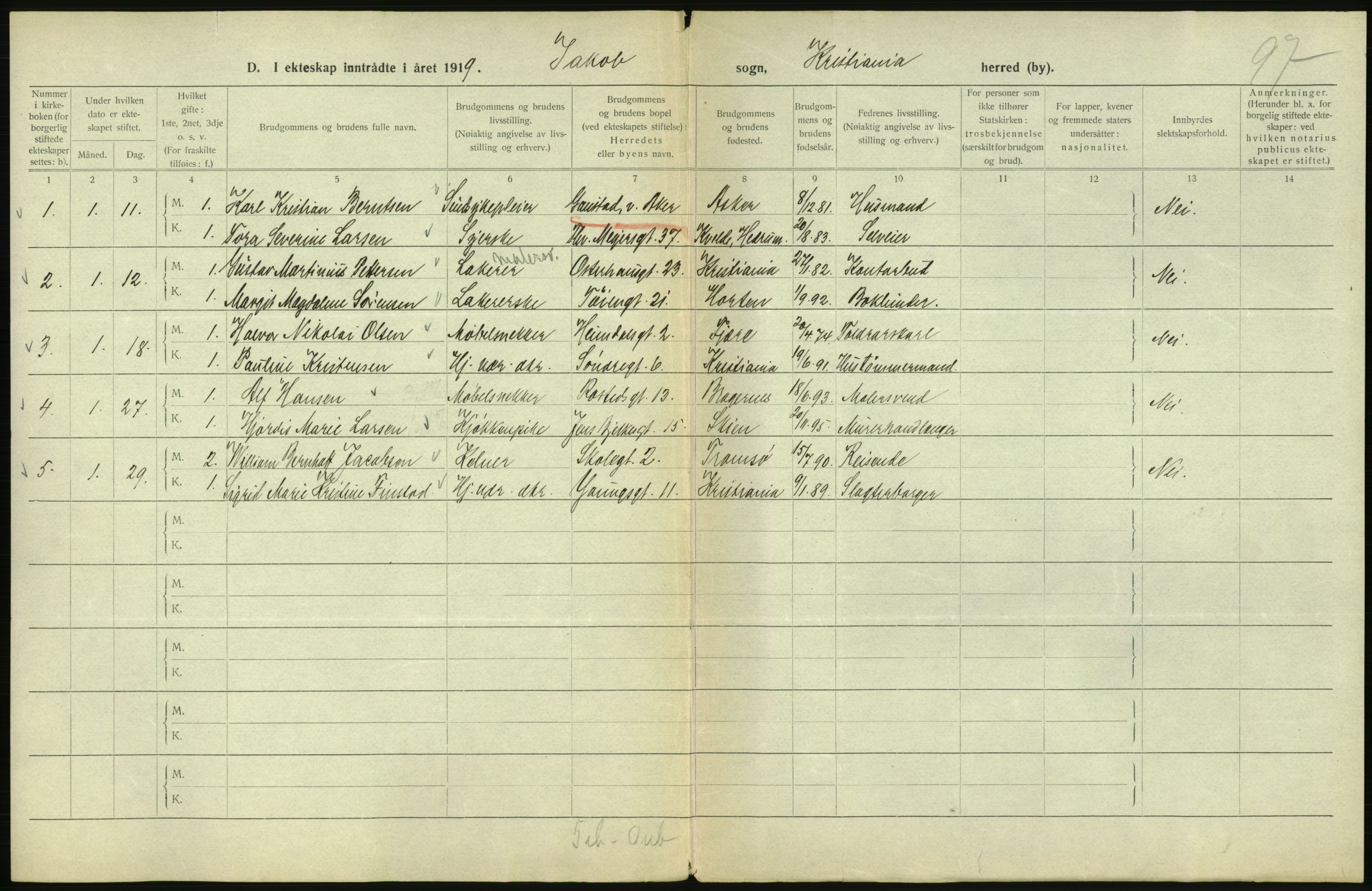 Statistisk sentralbyrå, Sosiodemografiske emner, Befolkning, RA/S-2228/D/Df/Dfb/Dfbi/L0009: Kristiania: Gifte, 1919, s. 390