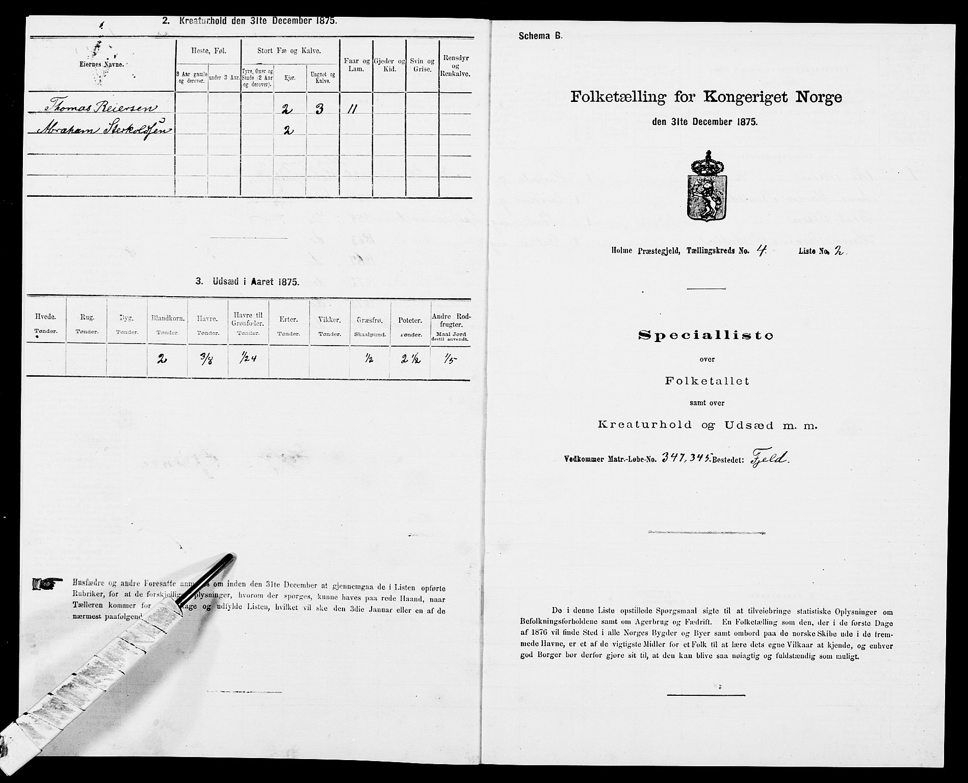 SAK, Folketelling 1875 for 1020P Holum prestegjeld, 1875, s. 454