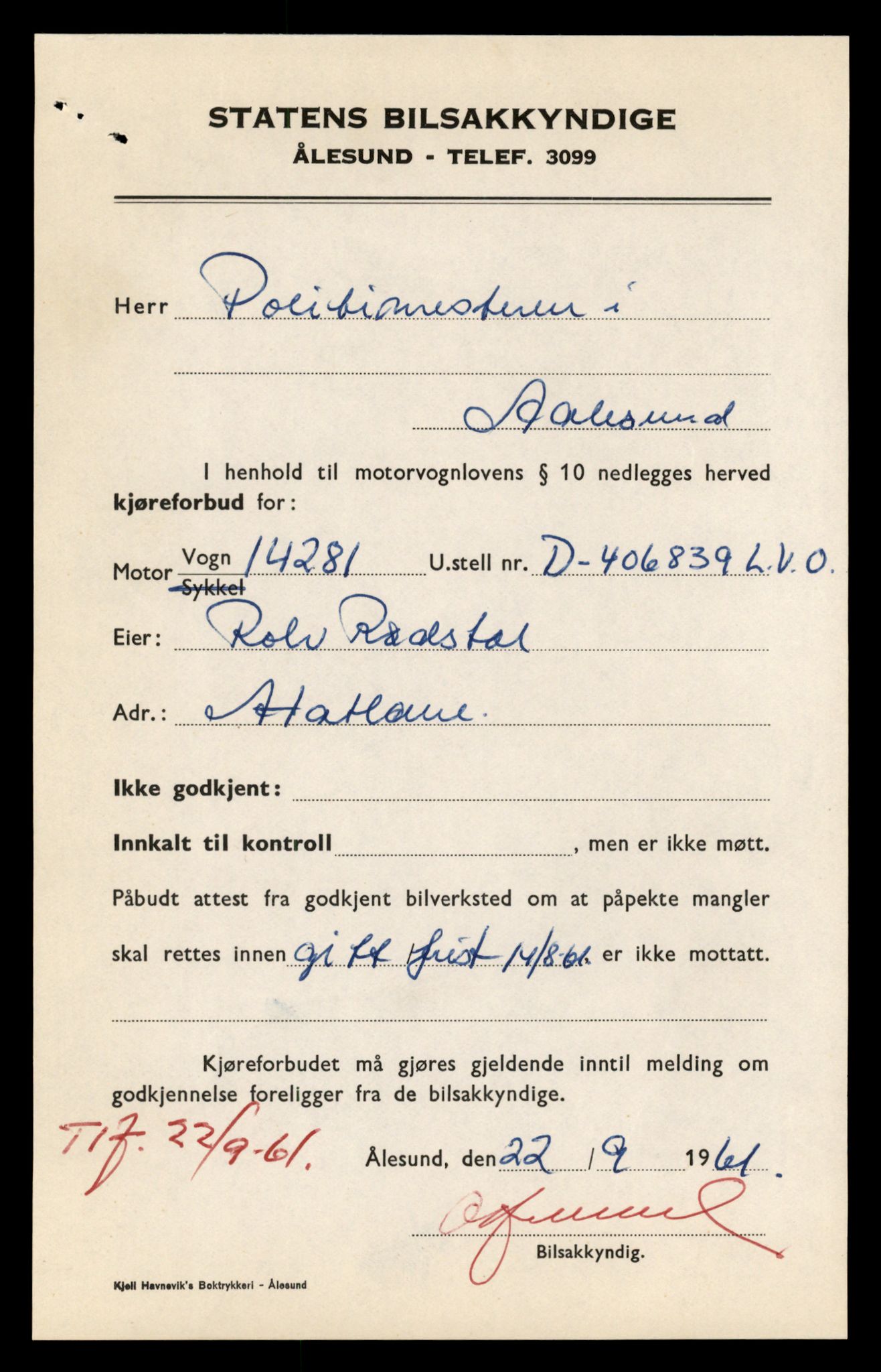 Møre og Romsdal vegkontor - Ålesund trafikkstasjon, AV/SAT-A-4099/F/Fe/L0044: Registreringskort for kjøretøy T 14205 - T 14319, 1927-1998, s. 2245