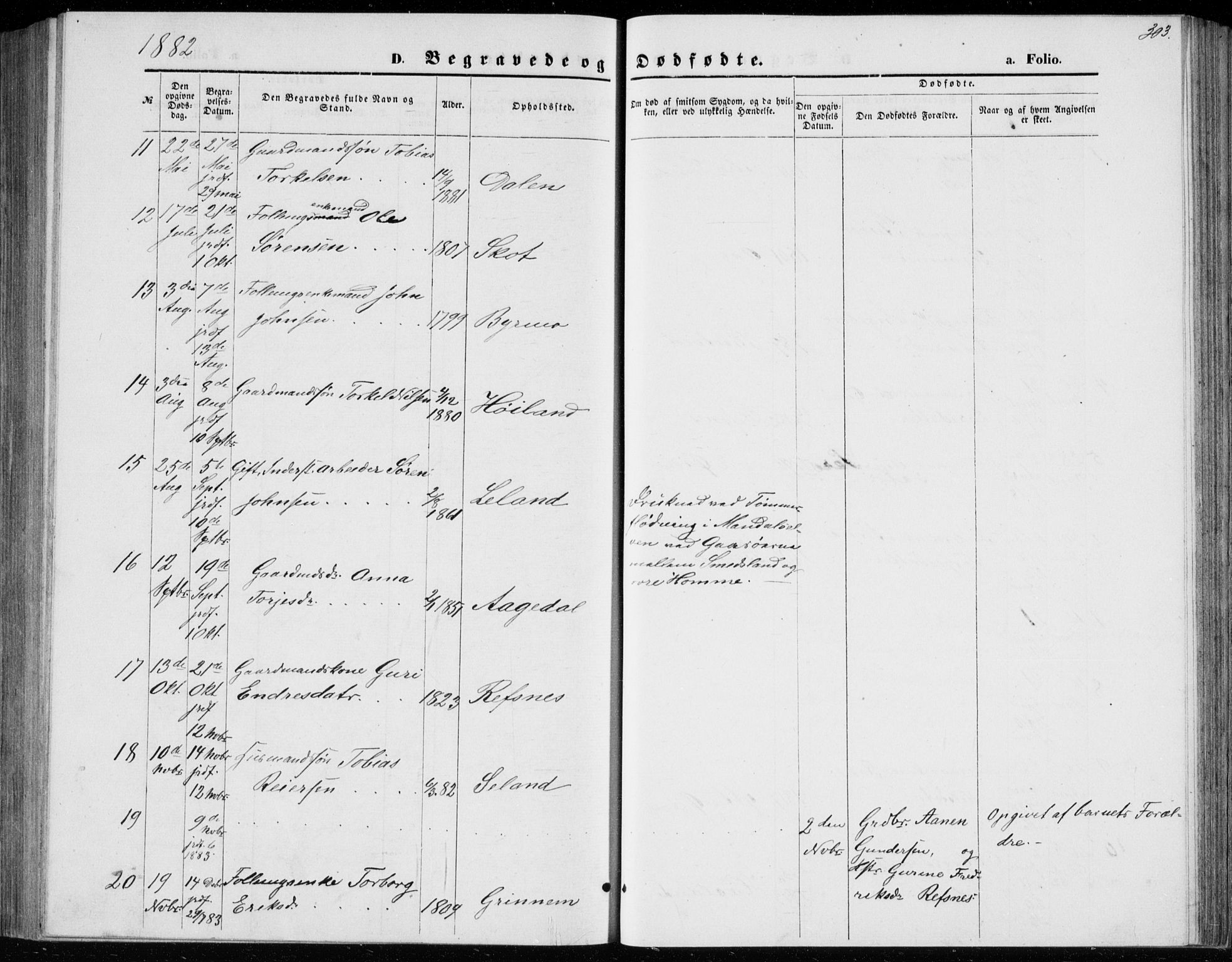 Bjelland sokneprestkontor, SAK/1111-0005/F/Fb/Fbc/L0002: Klokkerbok nr. B 2, 1867-1887, s. 303