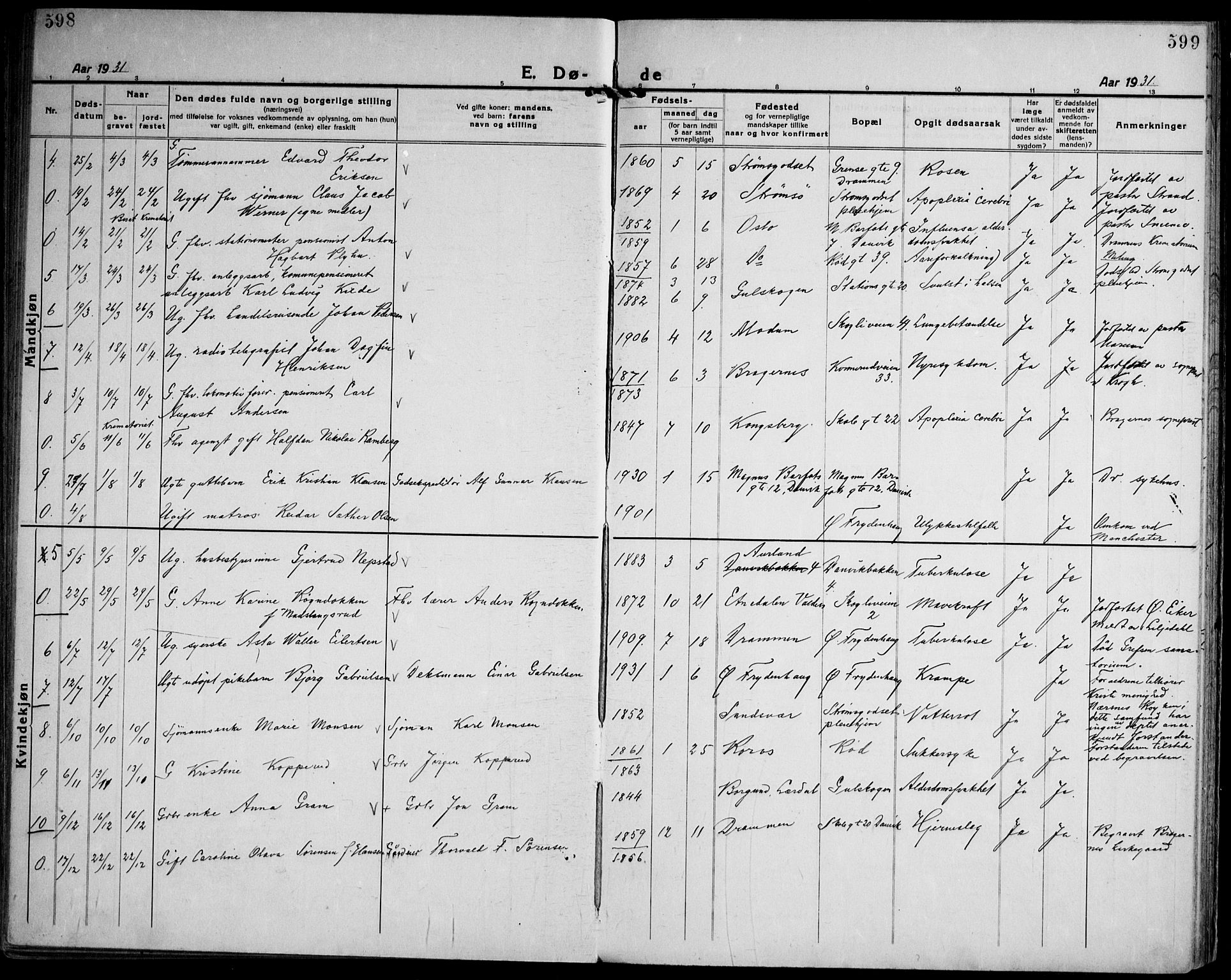 Strømsgodset kirkebøker, AV/SAKO-A-324/F/Fa/L0003: Ministerialbok nr. 3, 1920-1936, s. 598-599