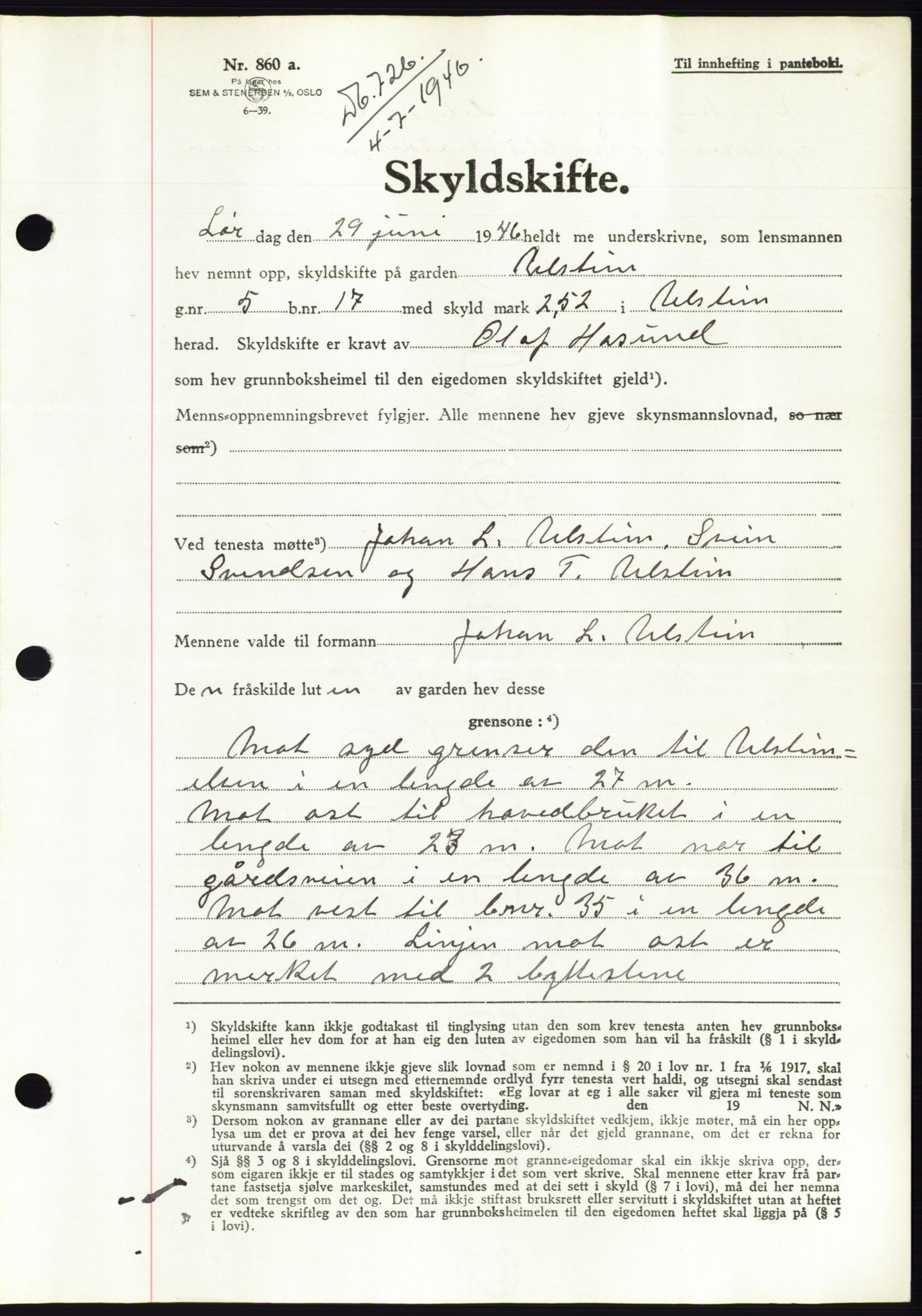 Søre Sunnmøre sorenskriveri, SAT/A-4122/1/2/2C/L0078: Pantebok nr. 4A, 1946-1946, Dagboknr: 726/1946
