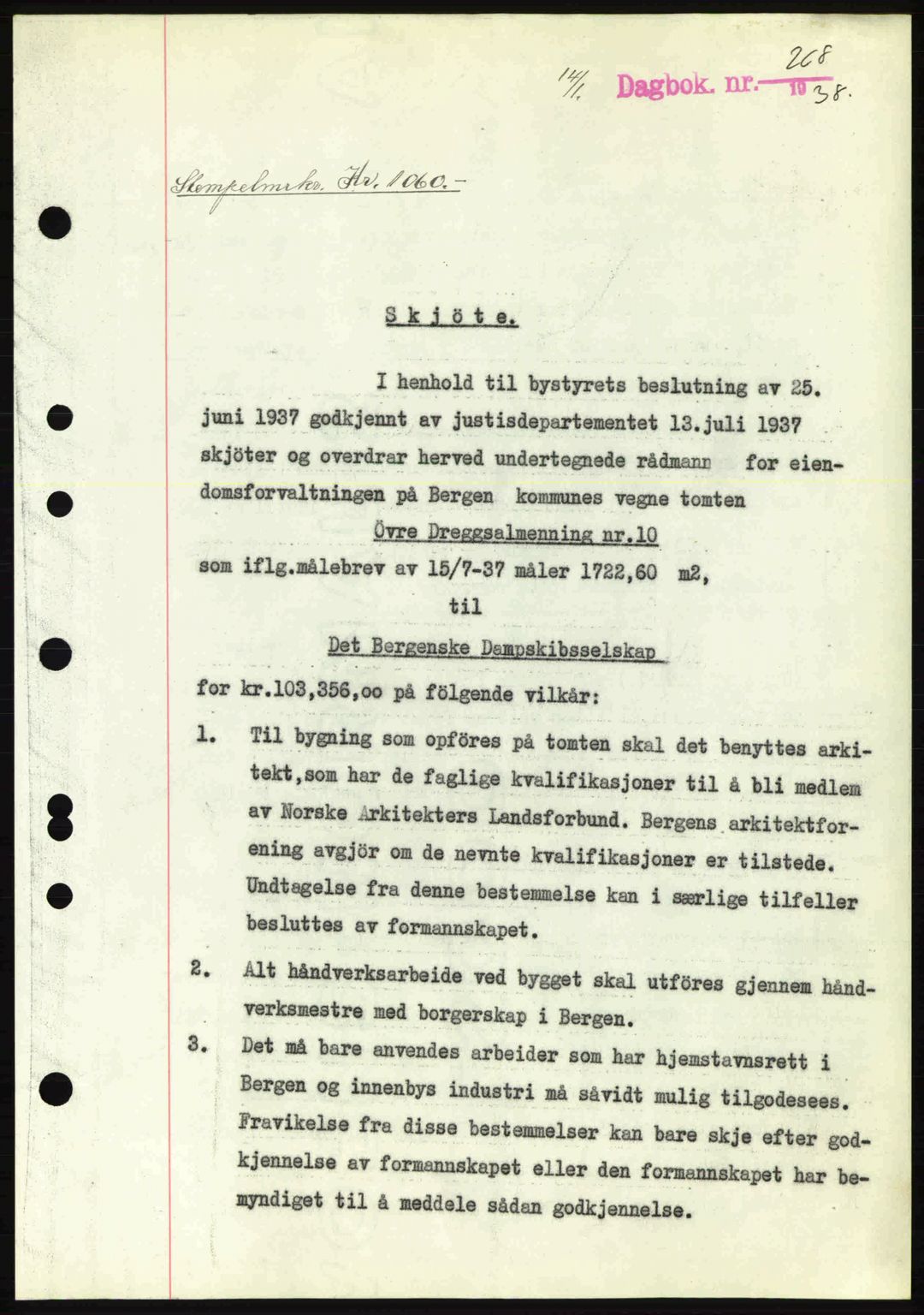 Byfogd og Byskriver i Bergen, SAB/A-3401/03/03Bc/L0006: Pantebok nr. A5, 1937-1938, Dagboknr: 268/1938