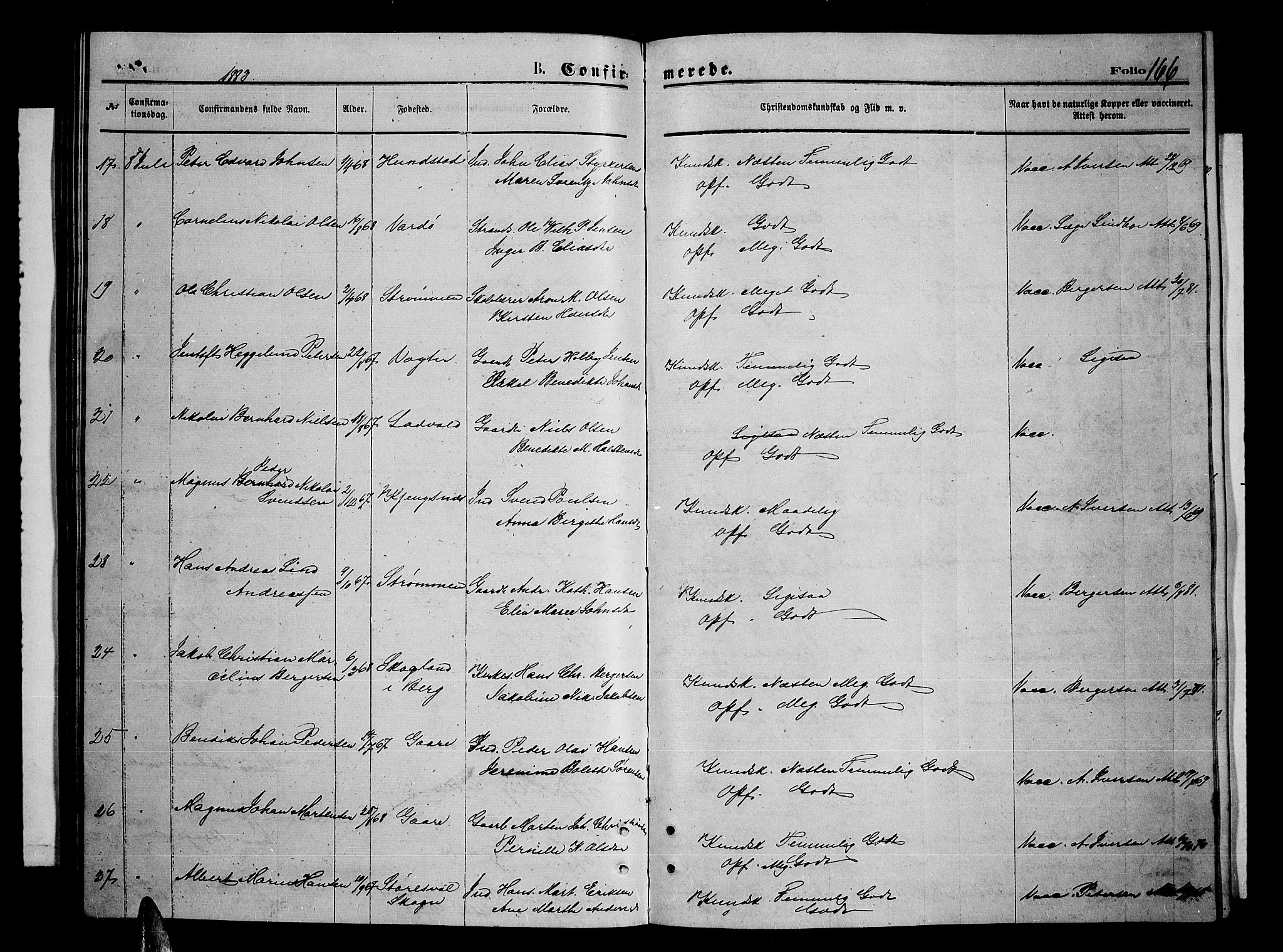 Kvæfjord sokneprestkontor, AV/SATØ-S-1323/G/Ga/Gab/L0004klokker: Klokkerbok nr. 4, 1870-1886, s. 166