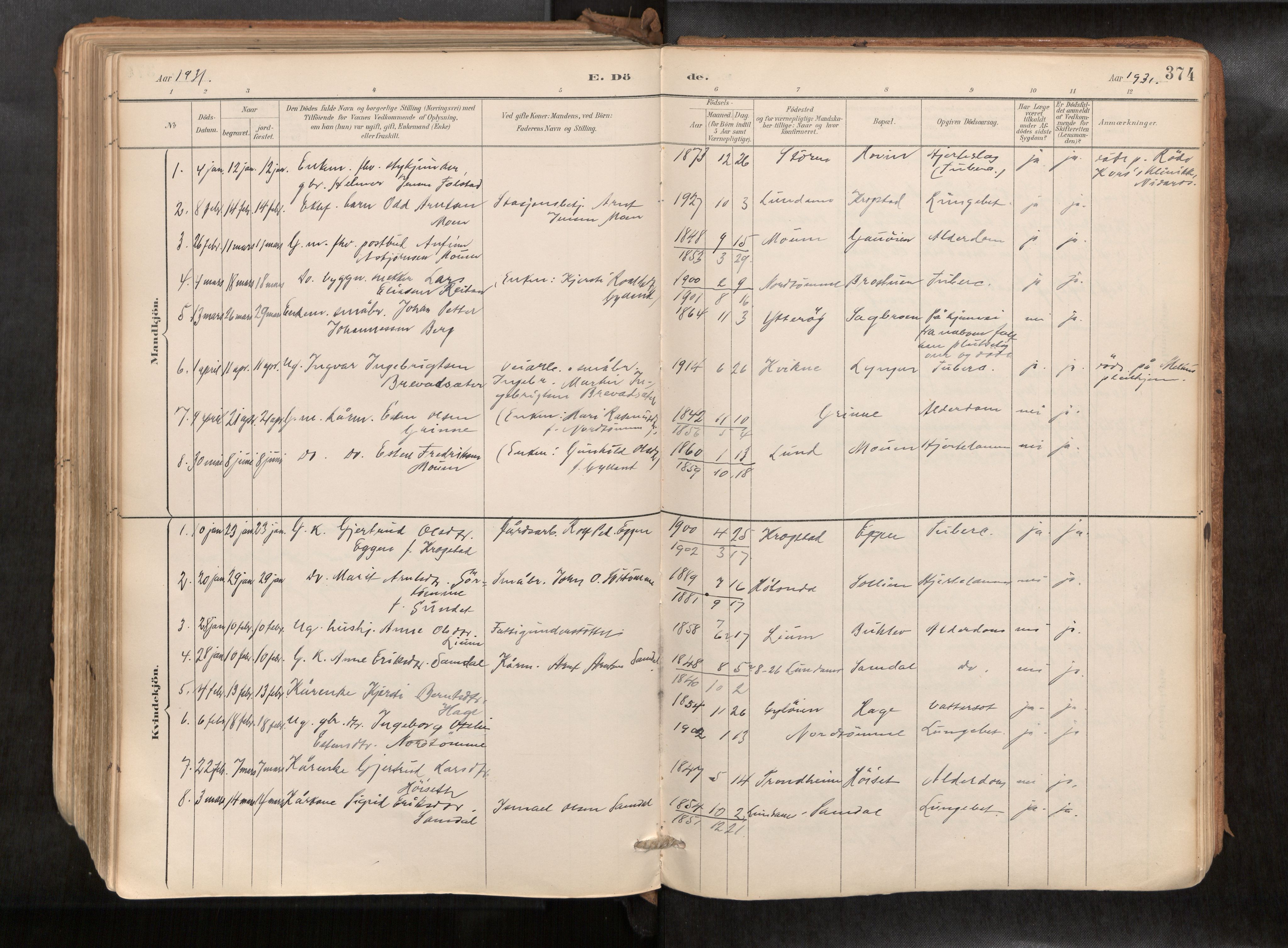 Ministerialprotokoller, klokkerbøker og fødselsregistre - Sør-Trøndelag, AV/SAT-A-1456/692/L1105b: Ministerialbok nr. 692A06, 1891-1934, s. 374