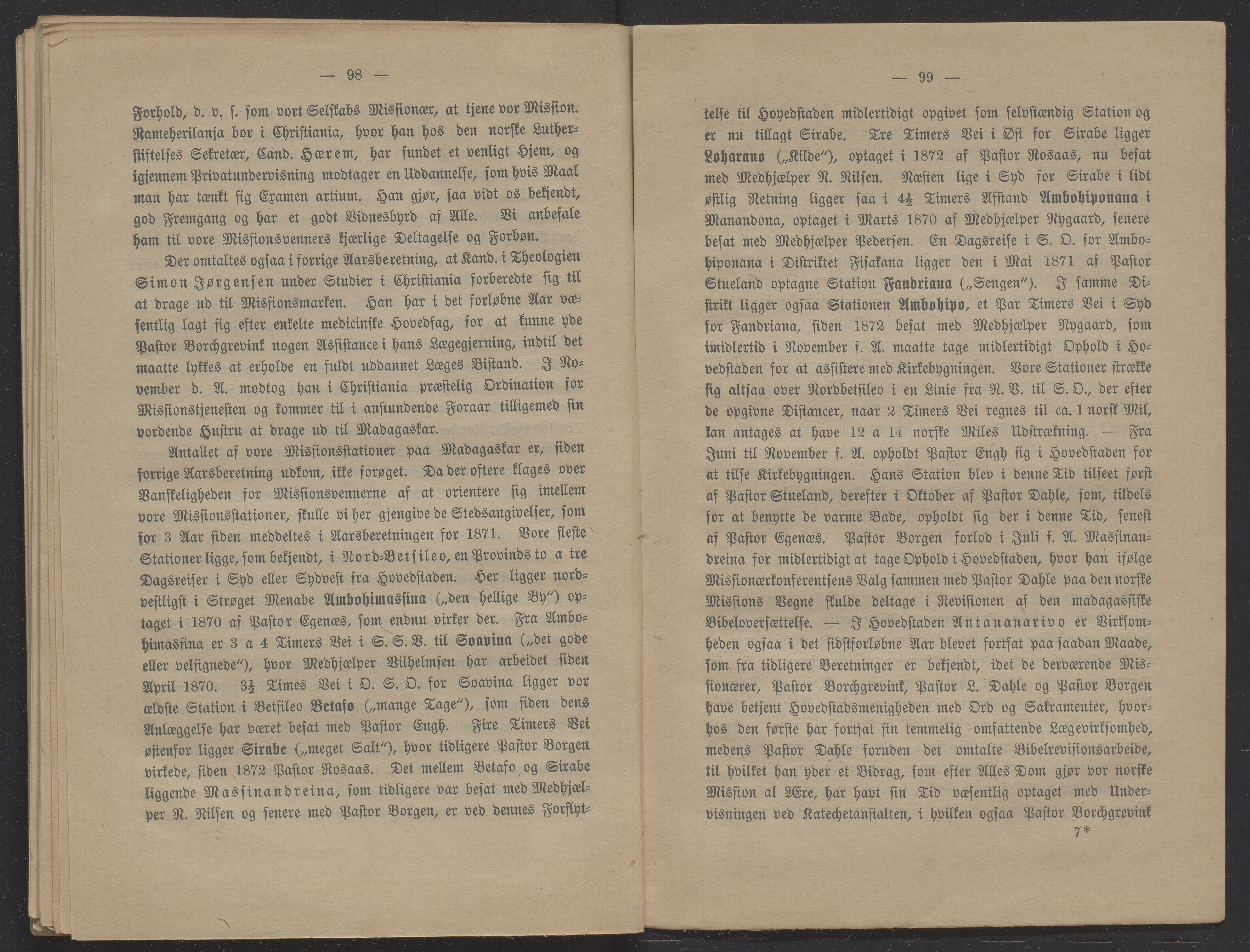 Det Norske Misjonsselskap - hovedadministrasjonen, VID/MA-A-1045/D/Db/Dba/L0338/0002: Beretninger, Bøker, Skrifter o.l   / Årsberetninger 32, 1874, s. 98-99