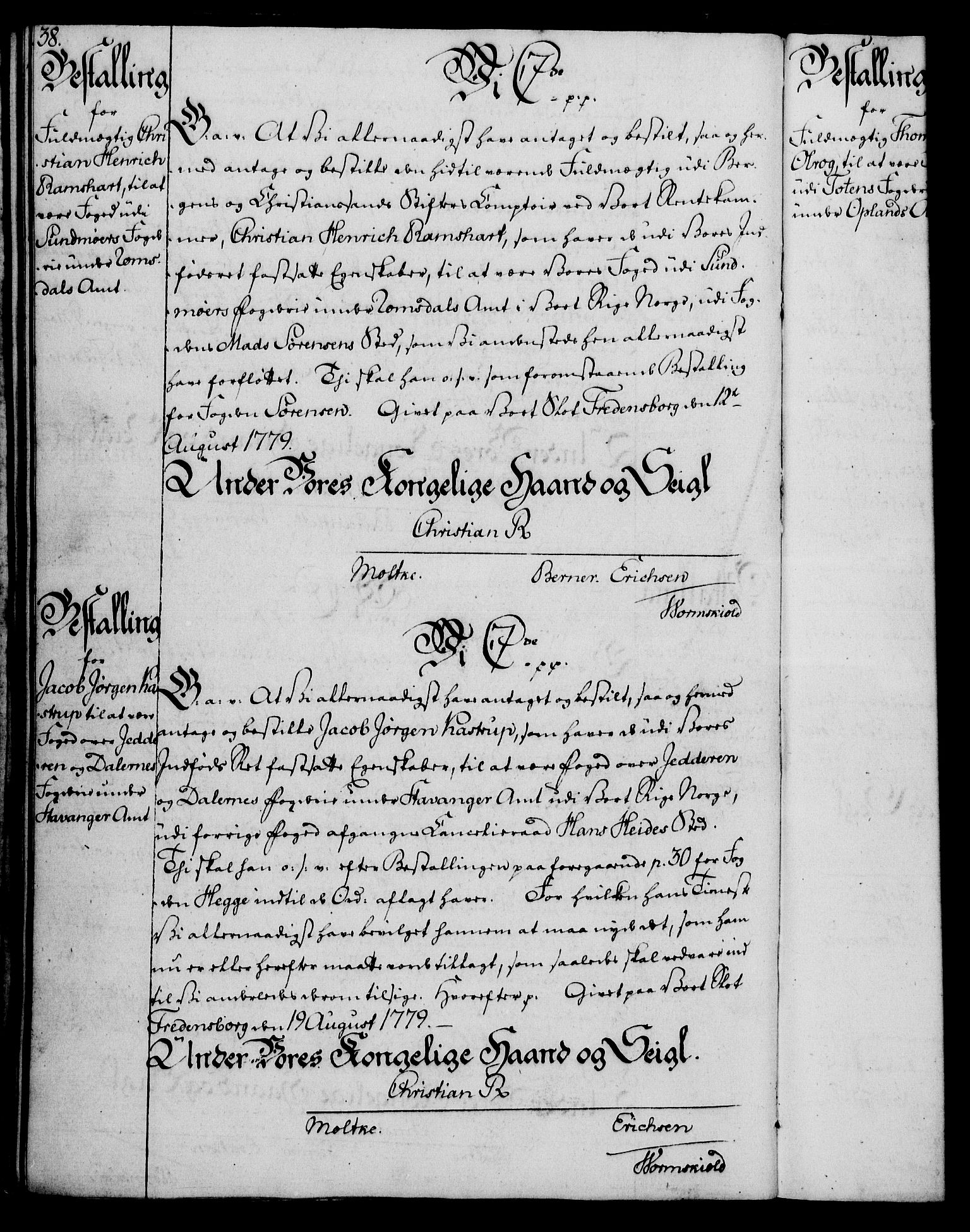 Rentekammeret, Kammerkanselliet, RA/EA-3111/G/Gg/Gge/L0006: Norsk bestallingsprotokoll med register (merket RK 53.30), 1773-1814, s. 38