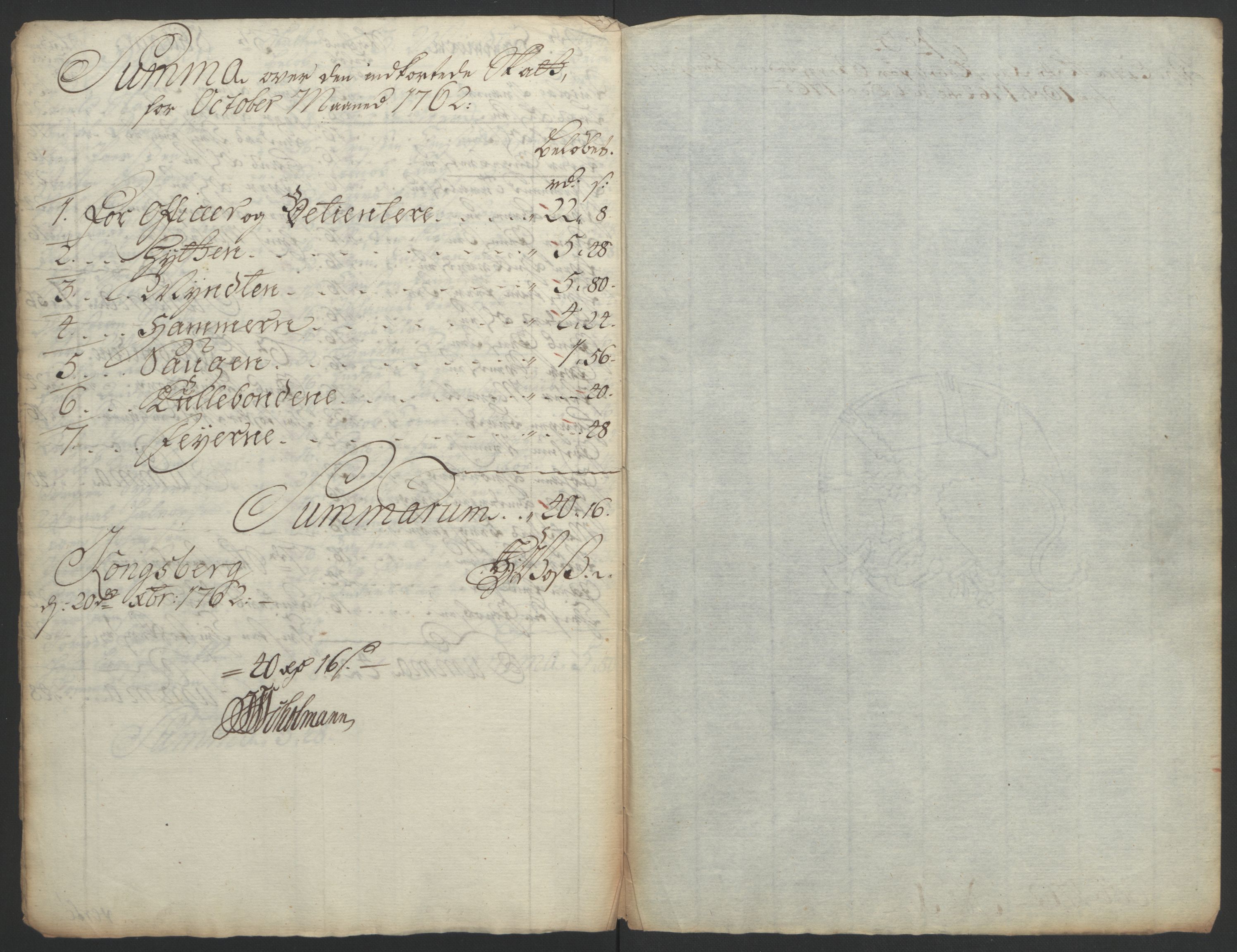 Rentekammeret inntil 1814, Reviderte regnskaper, Bergverksregnskaper, RA/EA-3222/R/Rc/Rca/L0843: Ekstraskatt, 1762-1765, s. 142