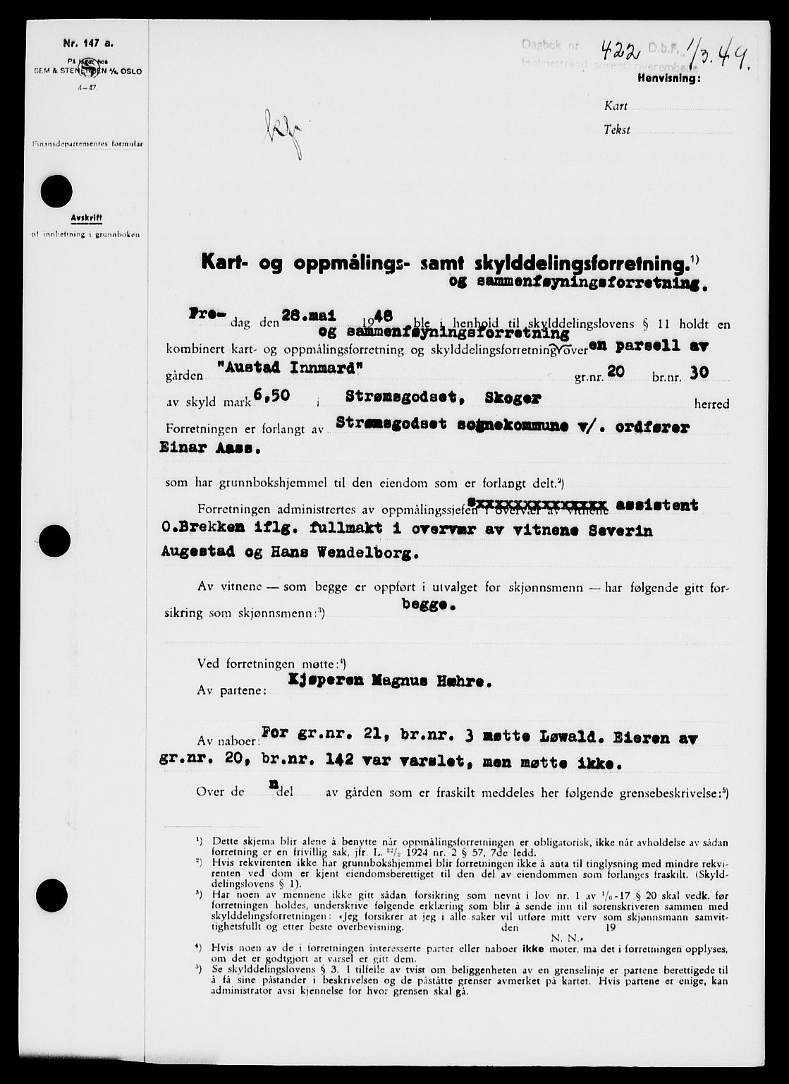 Holmestrand sorenskriveri, SAKO/A-67/G/Ga/Gaa/L0065: Pantebok nr. A-65, 1948-1949, Dagboknr: 422/1949