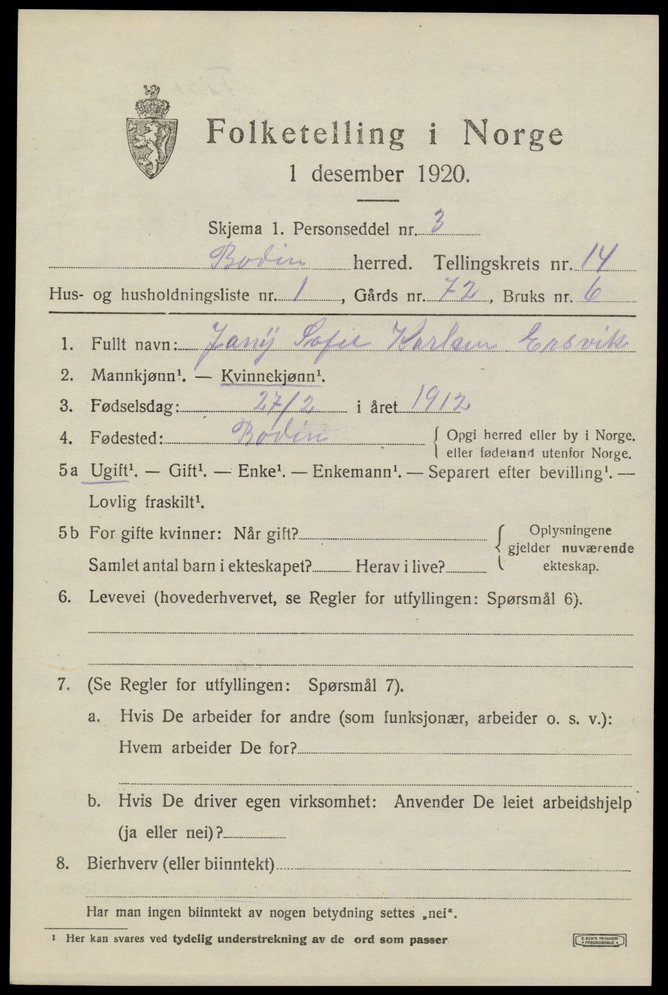 SAT, Folketelling 1920 for 1843 Bodin herred, 1920, s. 10126