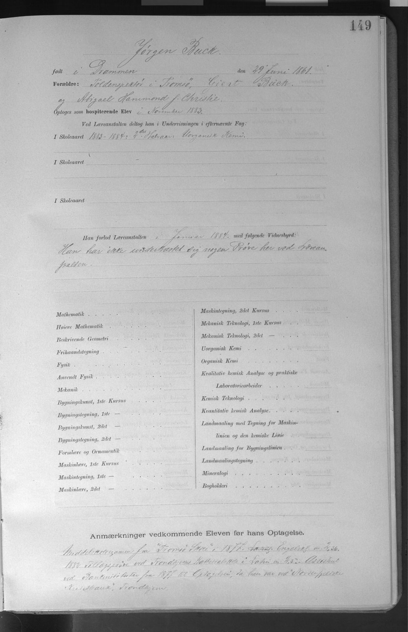 Trondhjems tekniske læreanstalt, SAT/A-1622/G/Ga/L0050: Karakterprotokoll, hospiterende elever, 1870-1914