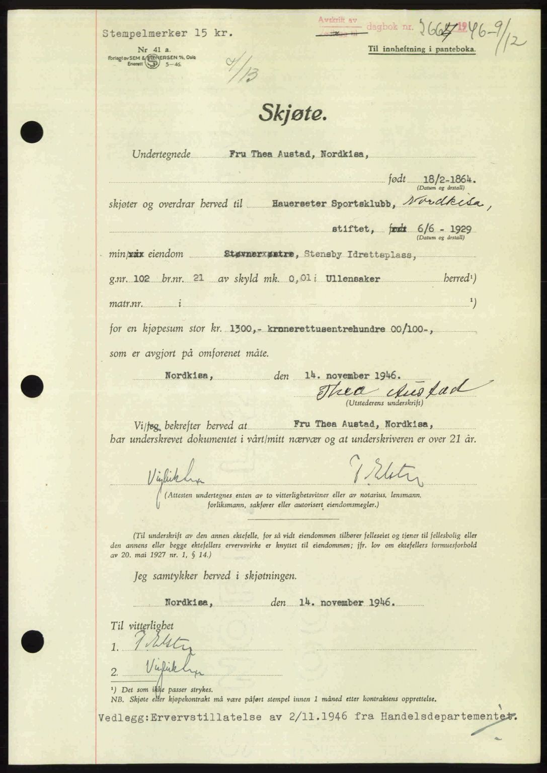 Eidsvoll tingrett, SAO/A-10371/G/Gb/Gbb/L0015: Pantebok nr. A43, 1946-1947, Dagboknr: 2664/1946