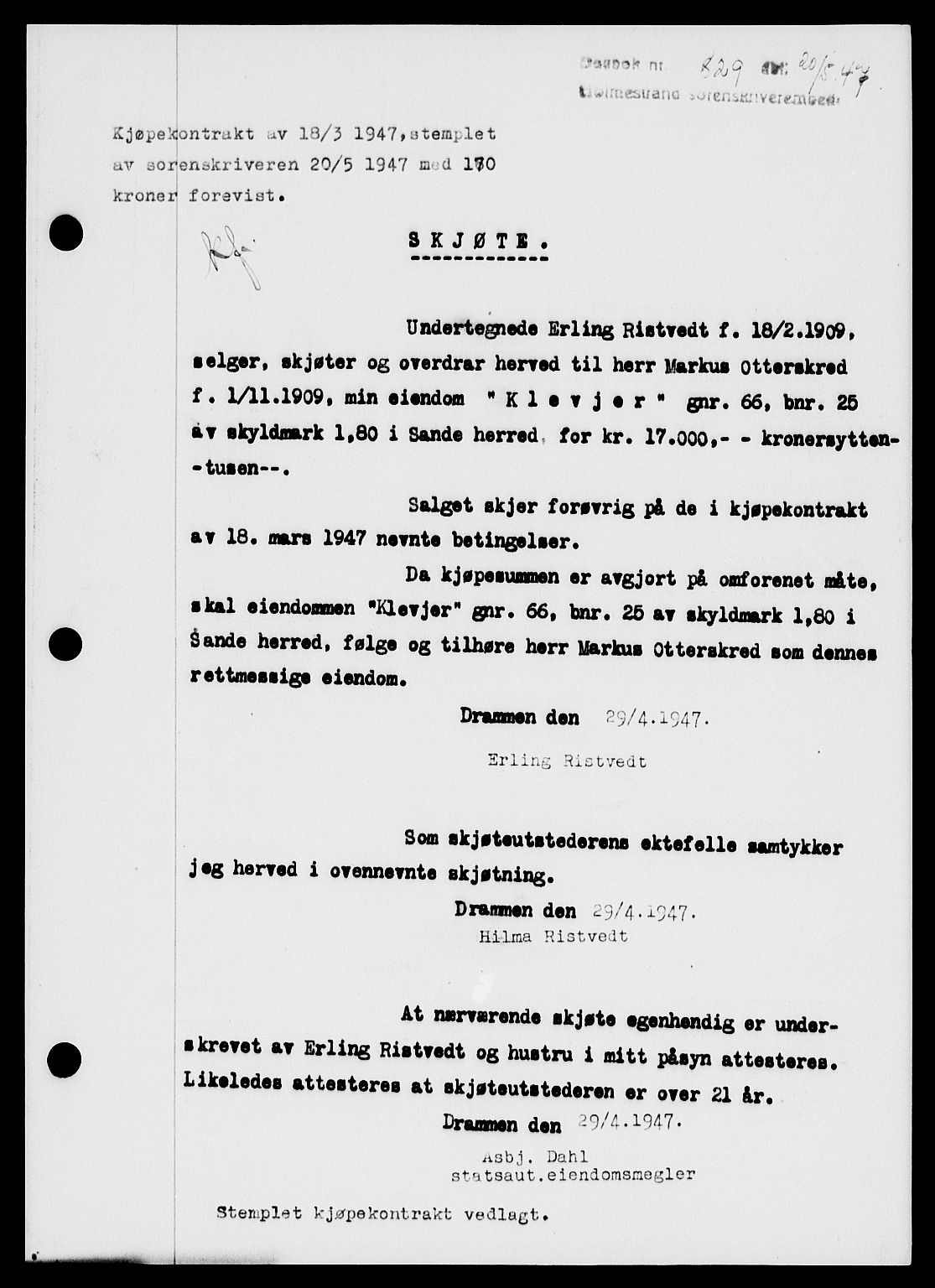 Holmestrand sorenskriveri, SAKO/A-67/G/Ga/Gaa/L0062: Pantebok nr. A-62, 1947-1947, Dagboknr: 829/1947
