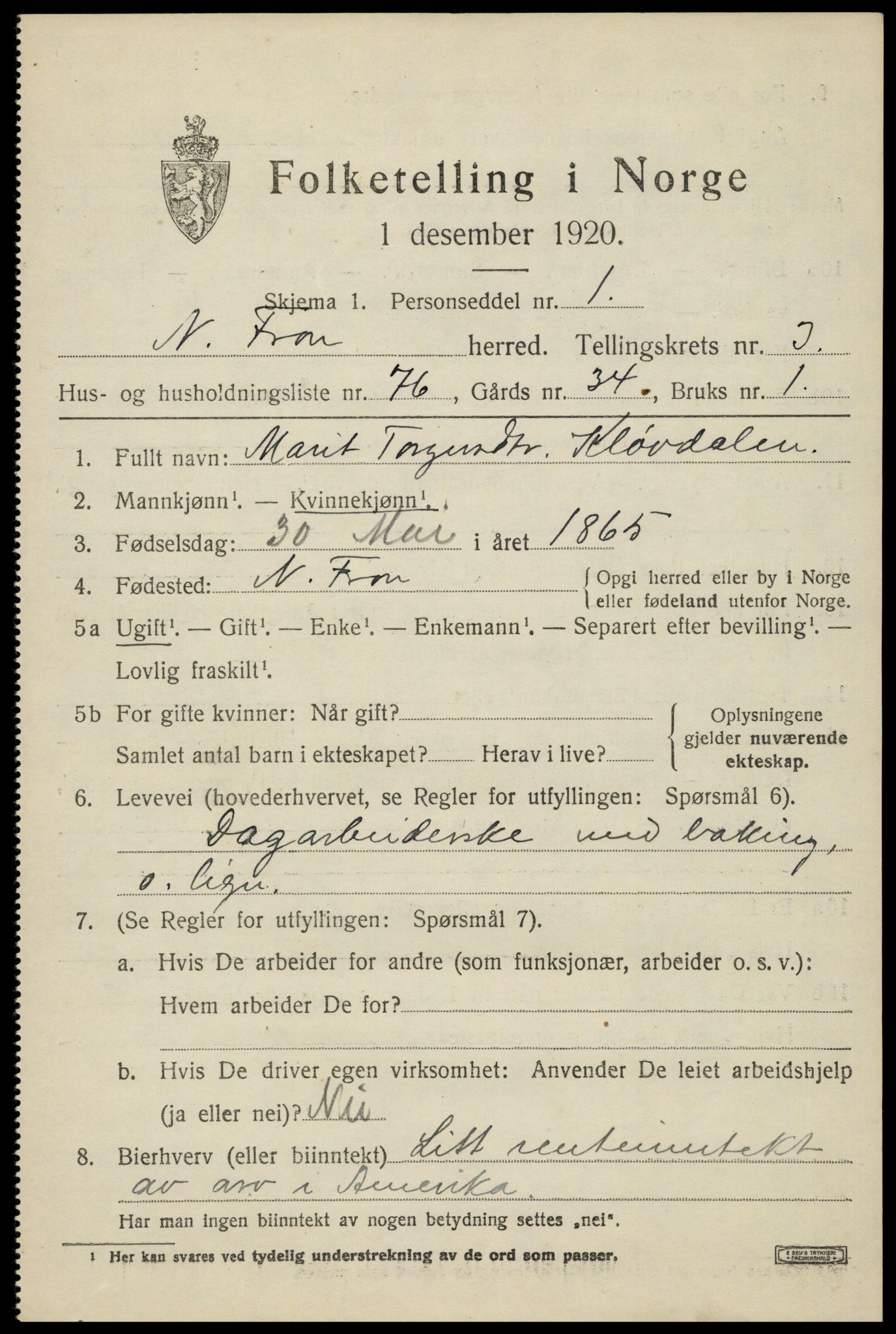 SAH, Folketelling 1920 for 0518 Nord-Fron herred, 1920, s. 4024