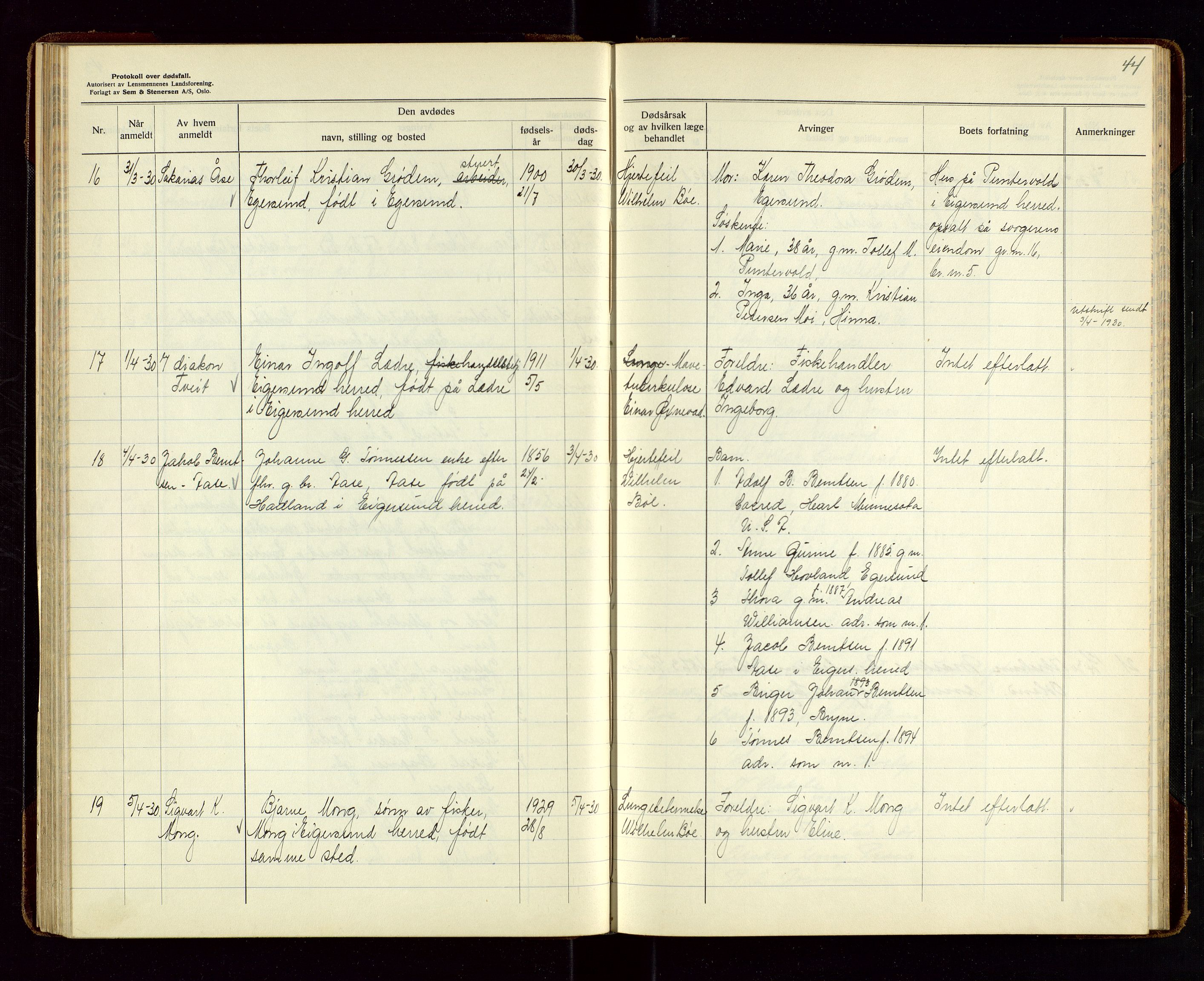 Eigersund lensmannskontor, AV/SAST-A-100171/Gga/L0011: "Protokoll over anmeldte dødsfall" m/alfabetisk navneregister, 1928-1931, s. 44