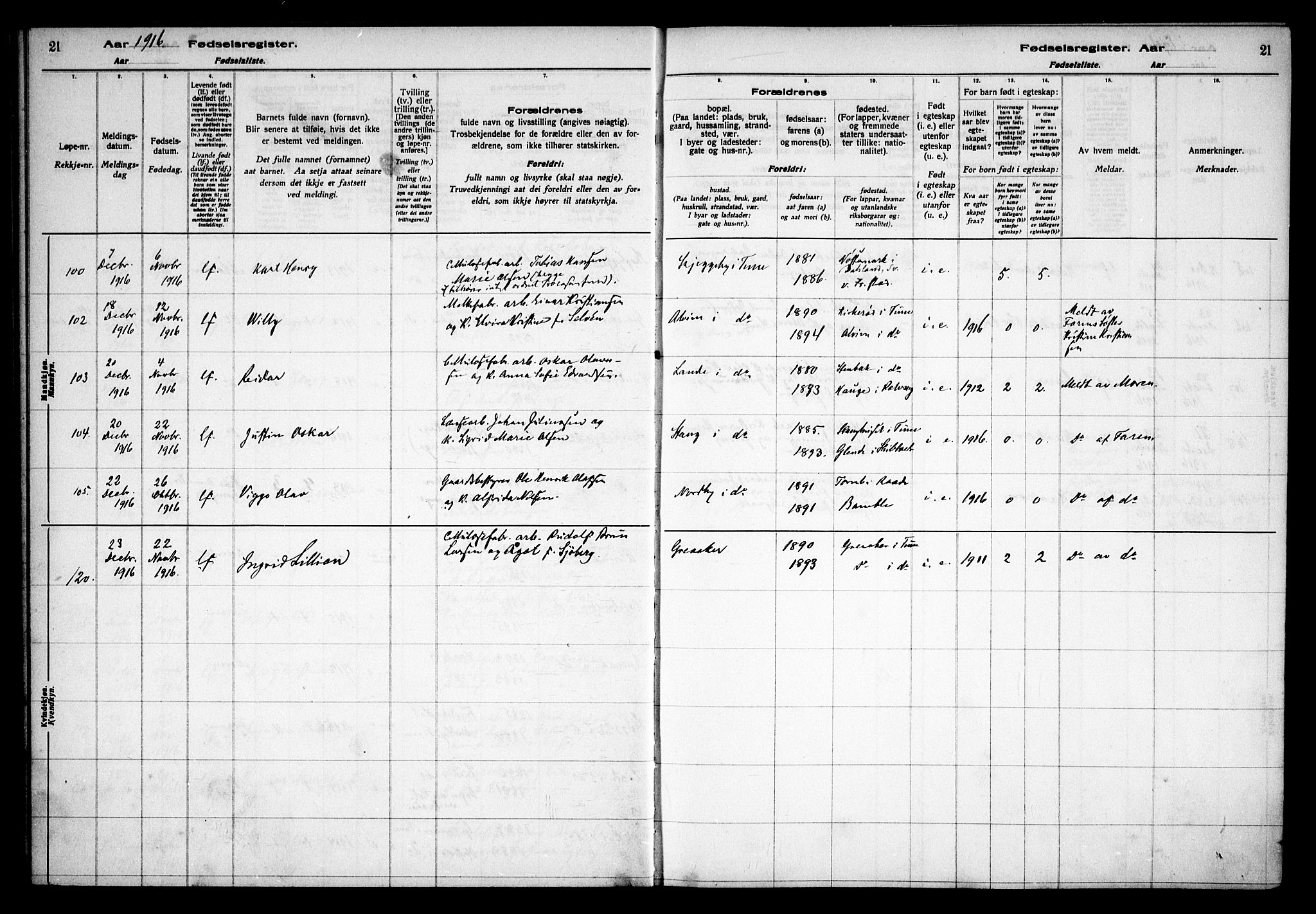 Tune prestekontor Kirkebøker, AV/SAO-A-2007/J/Ja/L0001: Fødselsregister nr. I 1, 1916-1928, s. 21