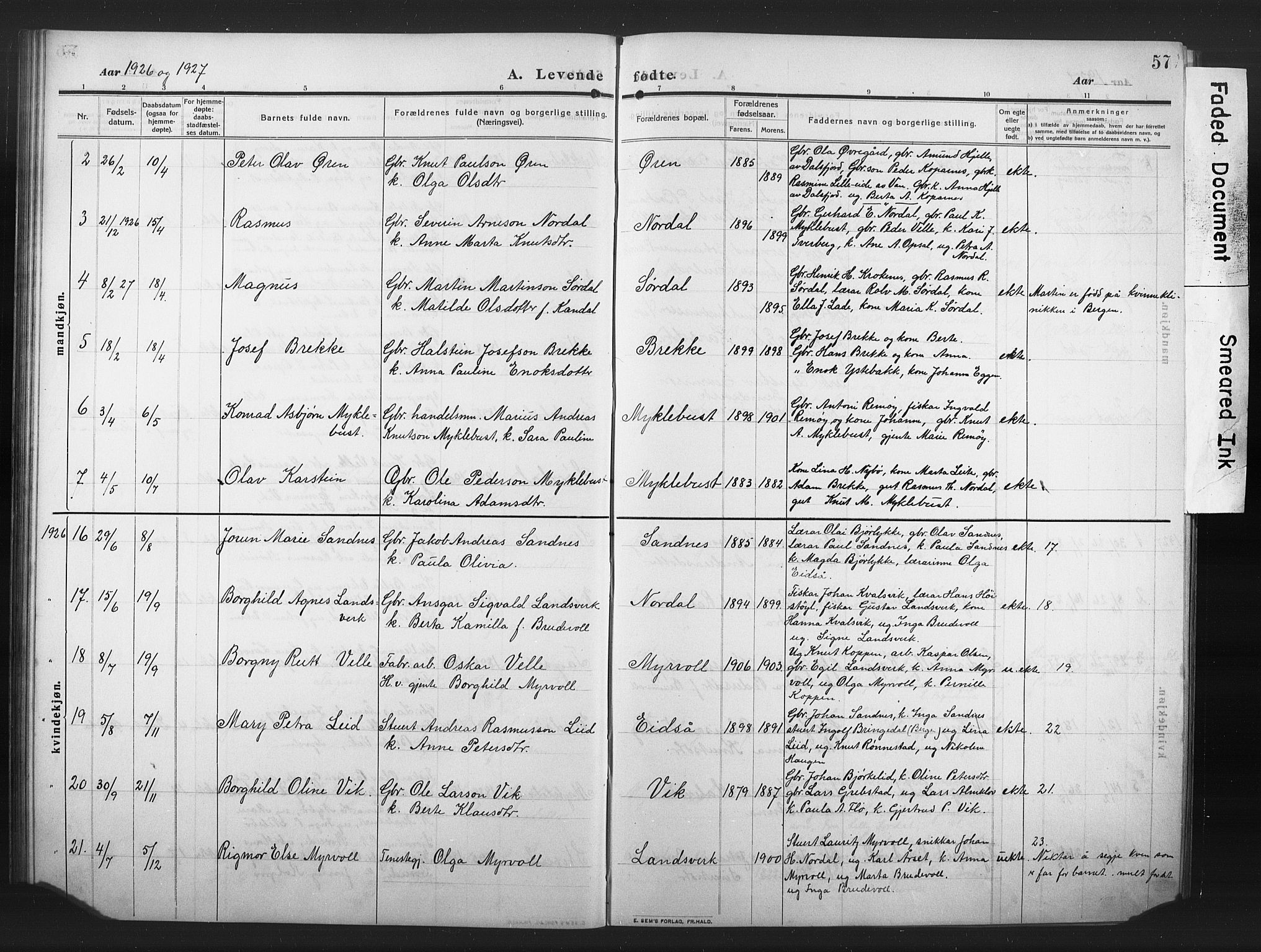 Ministerialprotokoller, klokkerbøker og fødselsregistre - Møre og Romsdal, AV/SAT-A-1454/502/L0028: Klokkerbok nr. 502C02, 1909-1932, s. 57