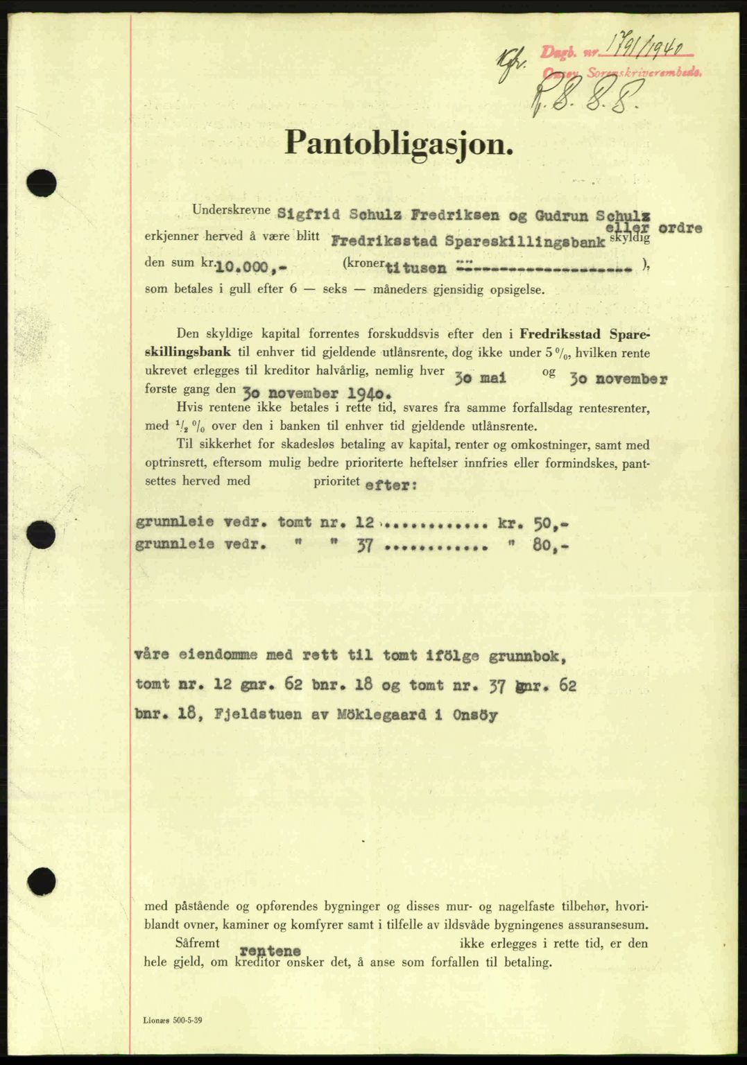 Onsøy sorenskriveri, SAO/A-10474/G/Ga/Gac/L0003: Pantebok nr. B3, 1940-1944, Dagboknr: 1791/1940