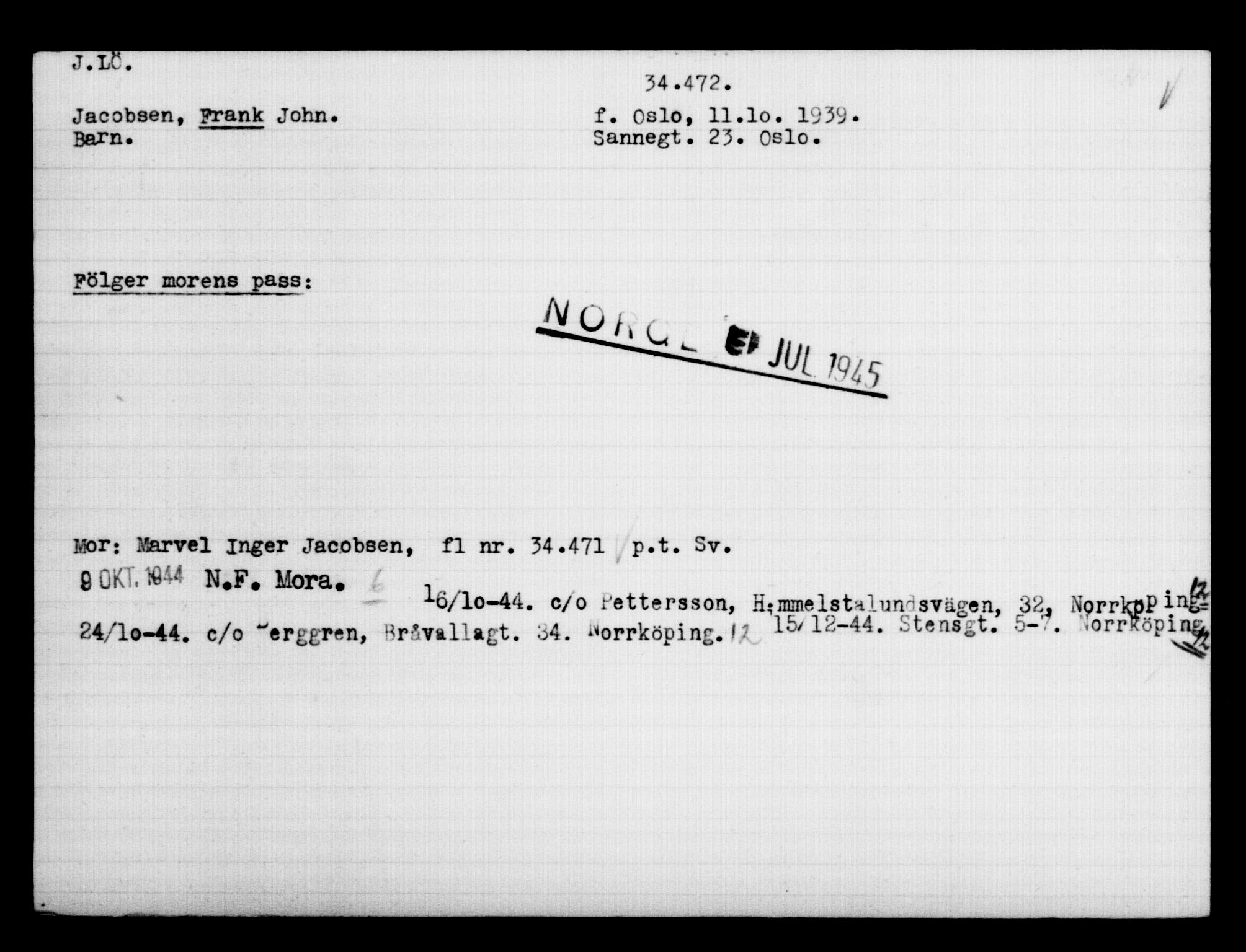 Utenriksstasjonene, Legasjonen i Stockholm, Flyktningkontoret, AV/RA-S-6753/V/Va/L0013: Kjesäterkartoteket, flyktninger med registreringsnr. 31500-34731, 1940-1945, s. 3131