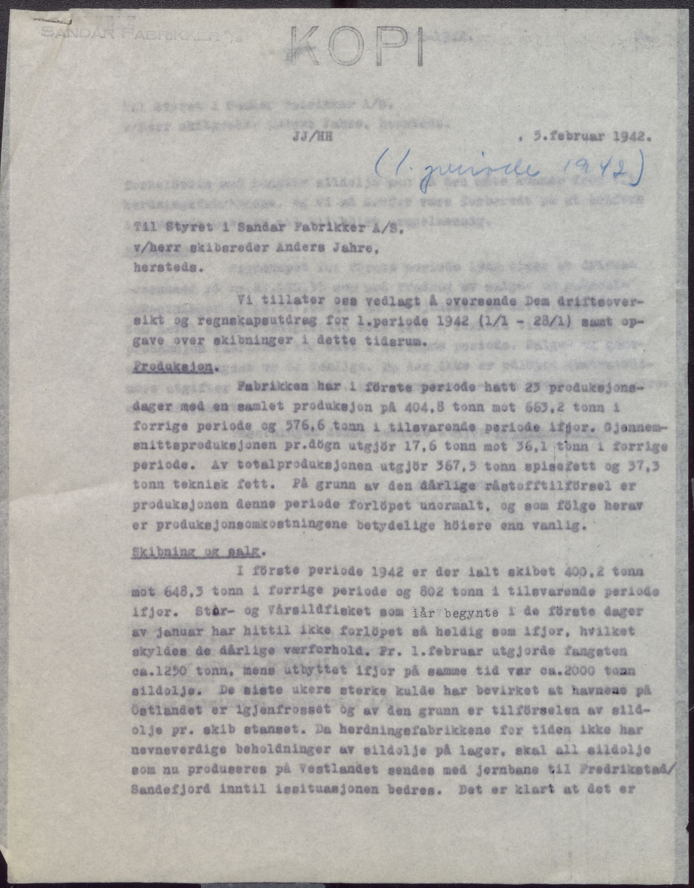 Jahres Fabrikker, VEMU/ARS-A-1255/R/Ra/Raa/L0002: Driftsregnskap og styrerapporter, 1942-1947
