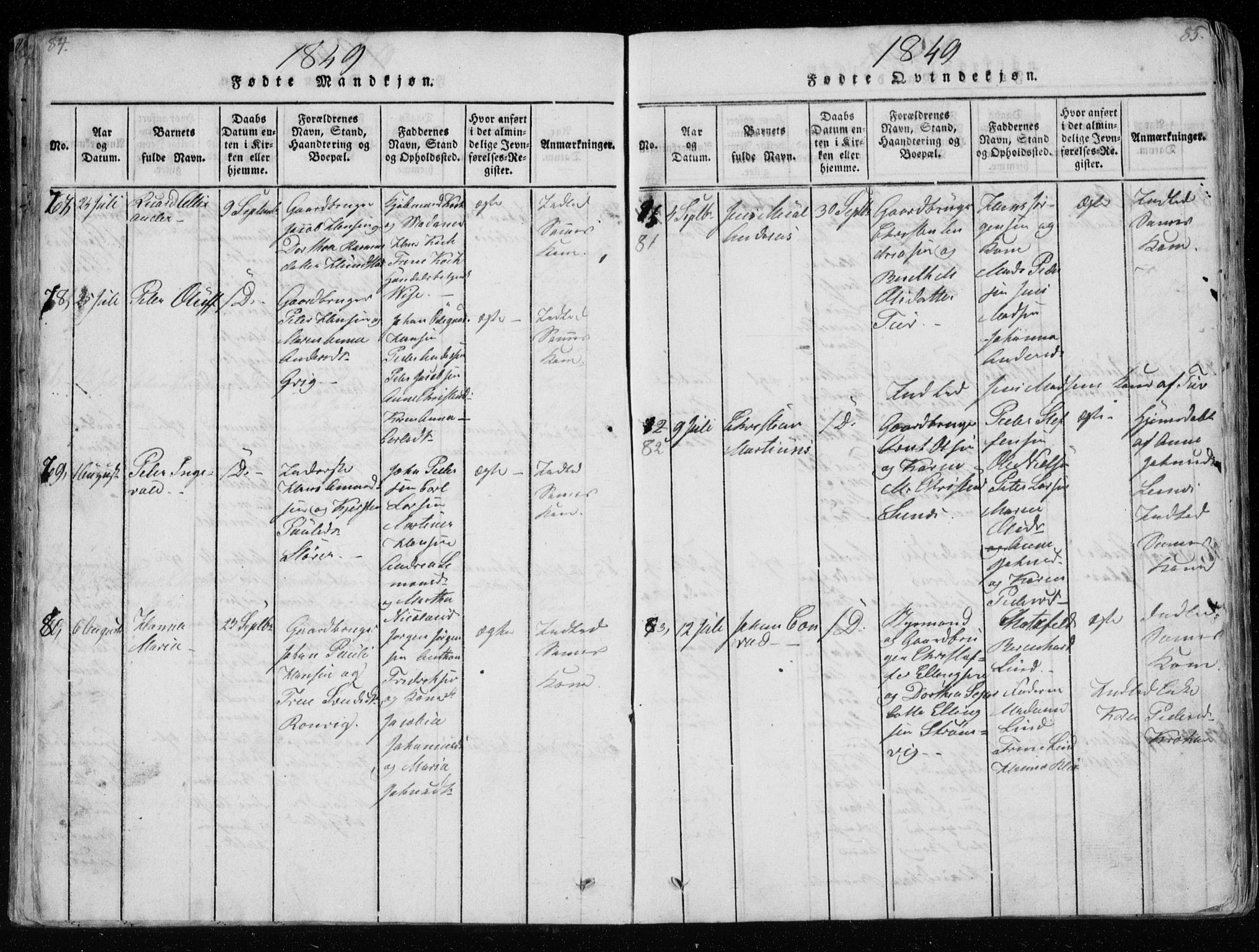 Ministerialprotokoller, klokkerbøker og fødselsregistre - Nordland, AV/SAT-A-1459/801/L0026: Klokkerbok nr. 801C01, 1820-1855, s. 84-85