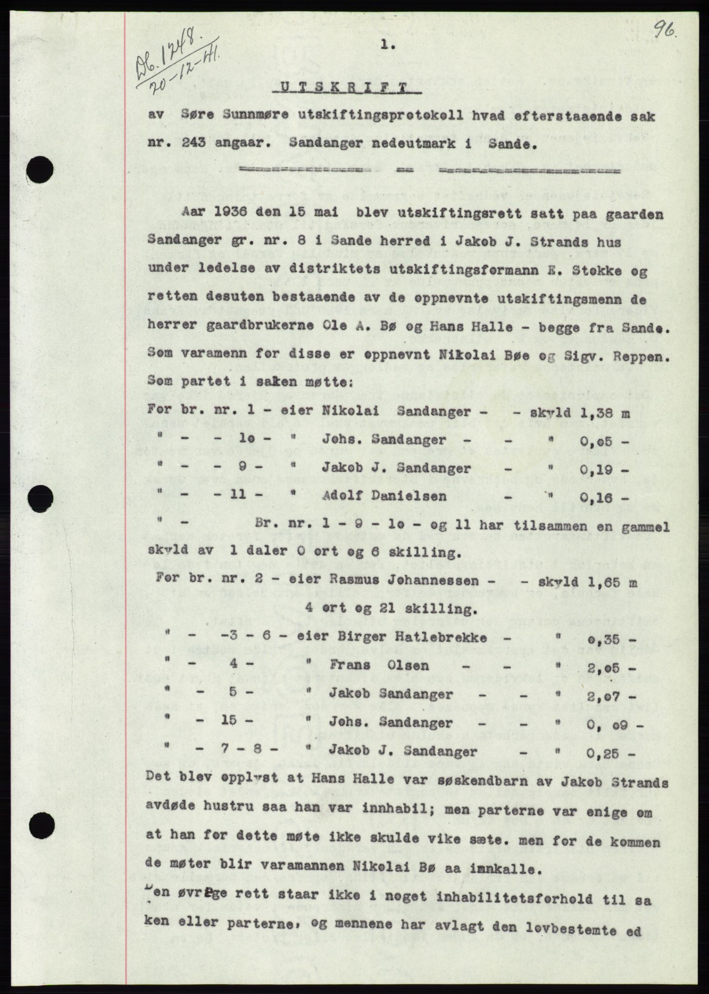 Søre Sunnmøre sorenskriveri, SAT/A-4122/1/2/2C/L0073: Pantebok nr. 67, 1941-1942, Dagboknr: 1248/1941