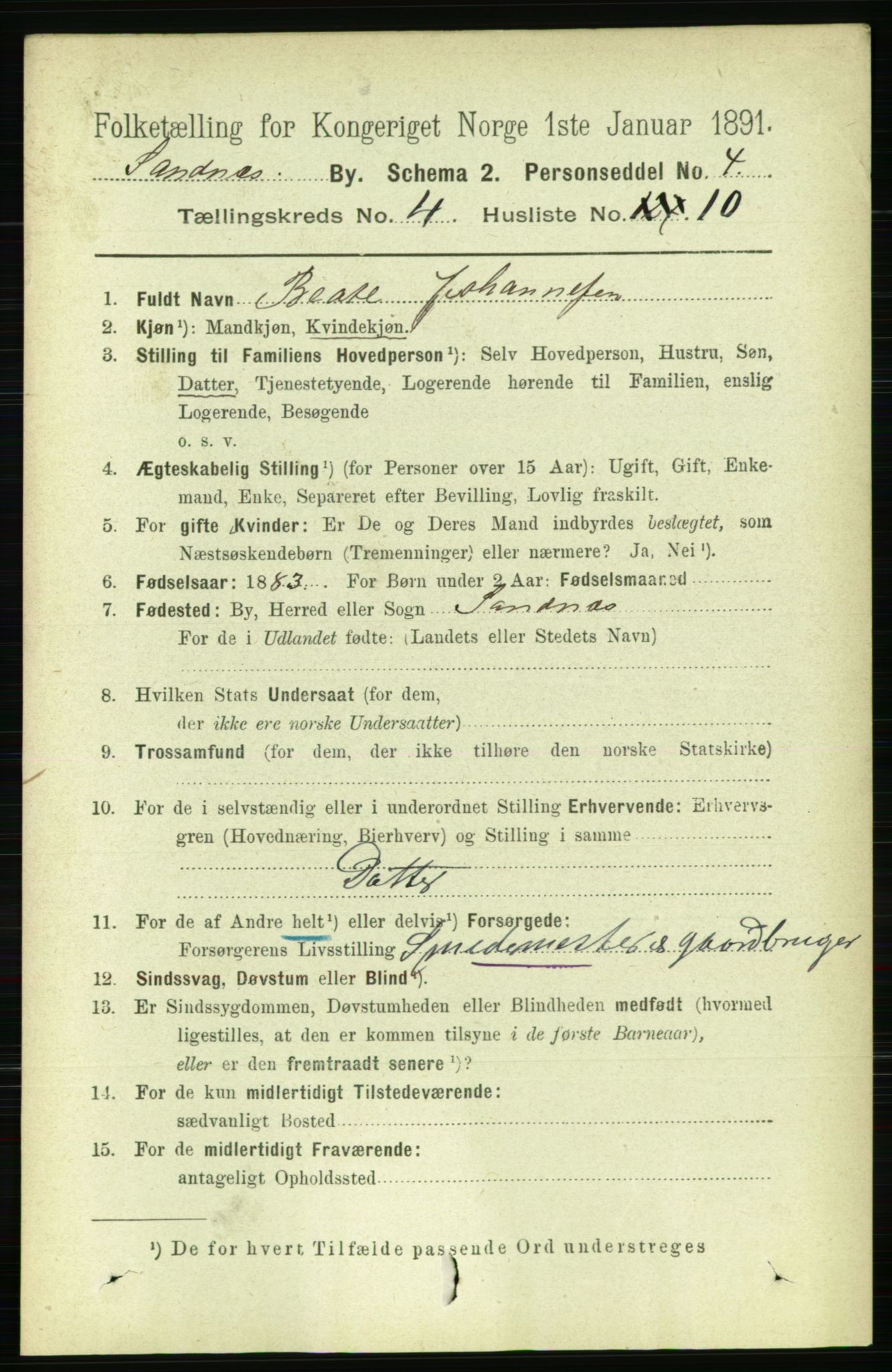 RA, Folketelling 1891 for 1102 Sandnes ladested, 1891, s. 1836