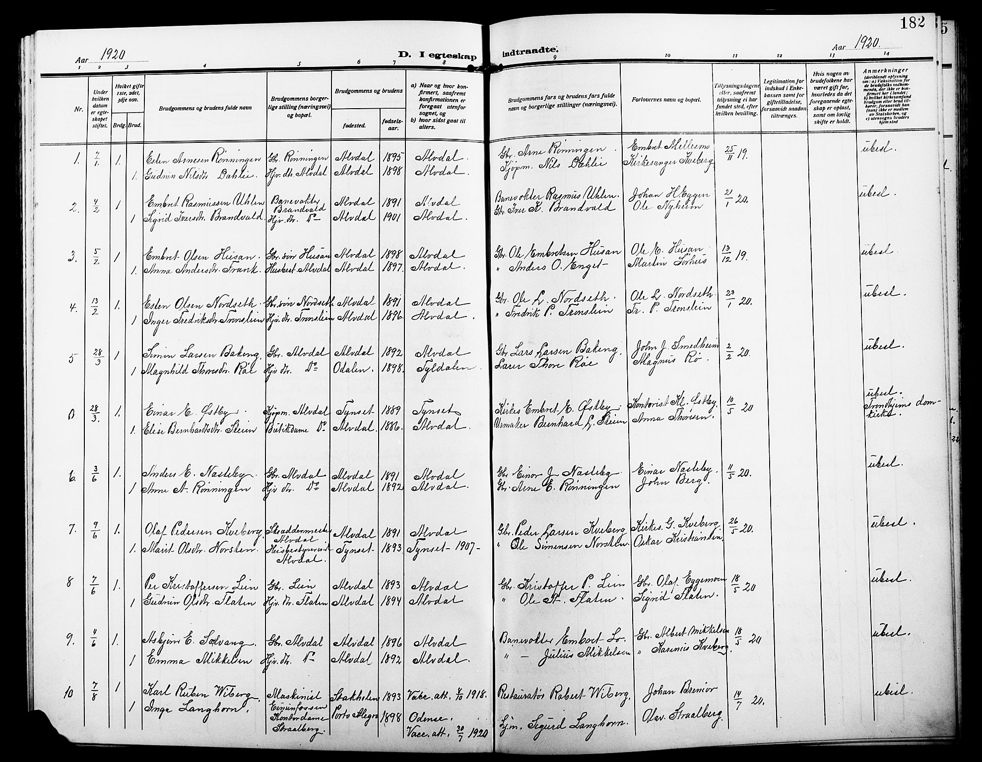 Alvdal prestekontor, AV/SAH-PREST-060/H/Ha/Hab/L0005: Klokkerbok nr. 5, 1908-1923, s. 182