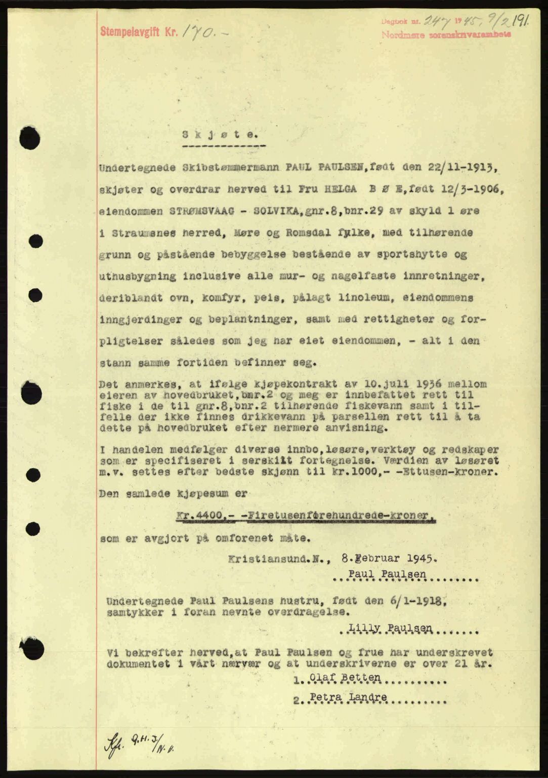 Nordmøre sorenskriveri, SAT/A-4132/1/2/2Ca: Pantebok nr. A99, 1945-1945, Dagboknr: 247/1945