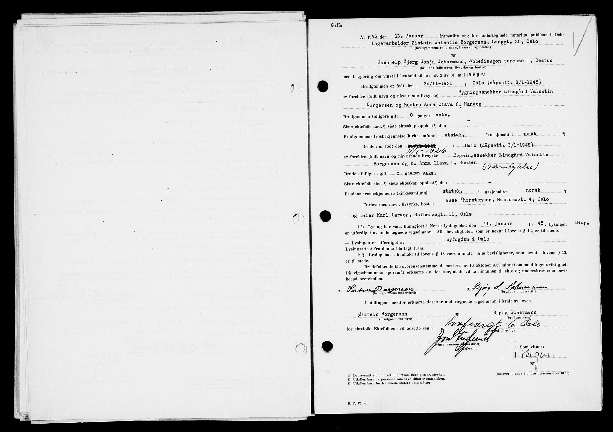 Oslo byfogd avd. I, AV/SAO-A-10220/L/Lb/Lbb/L0052: Notarialprotokoll, rekke II: Vigsler, 1944-1945