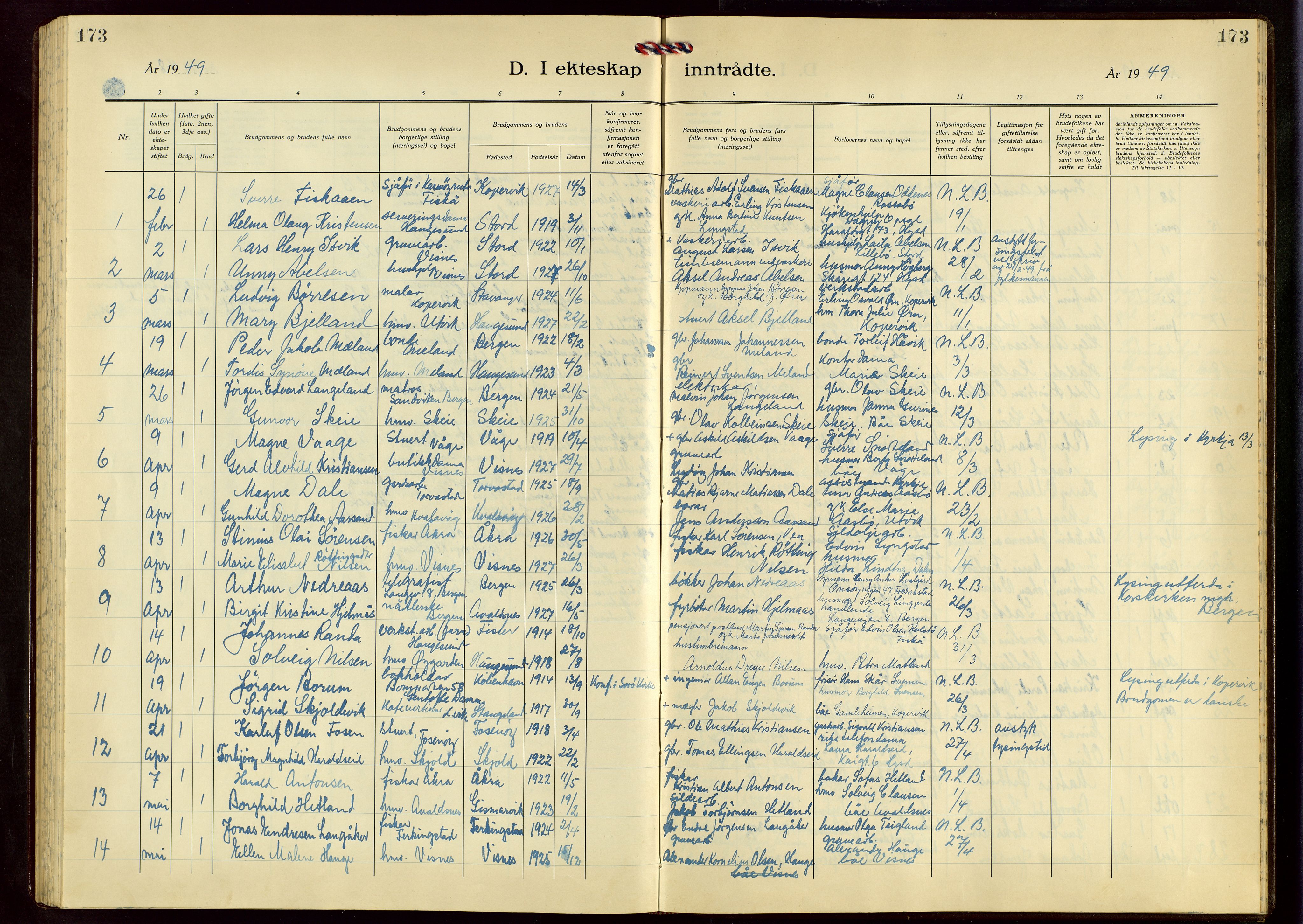 Avaldsnes sokneprestkontor, SAST/A -101851/H/Ha/Hab/L0009: Klokkerbok nr. B 9, 1940-1958, s. 173