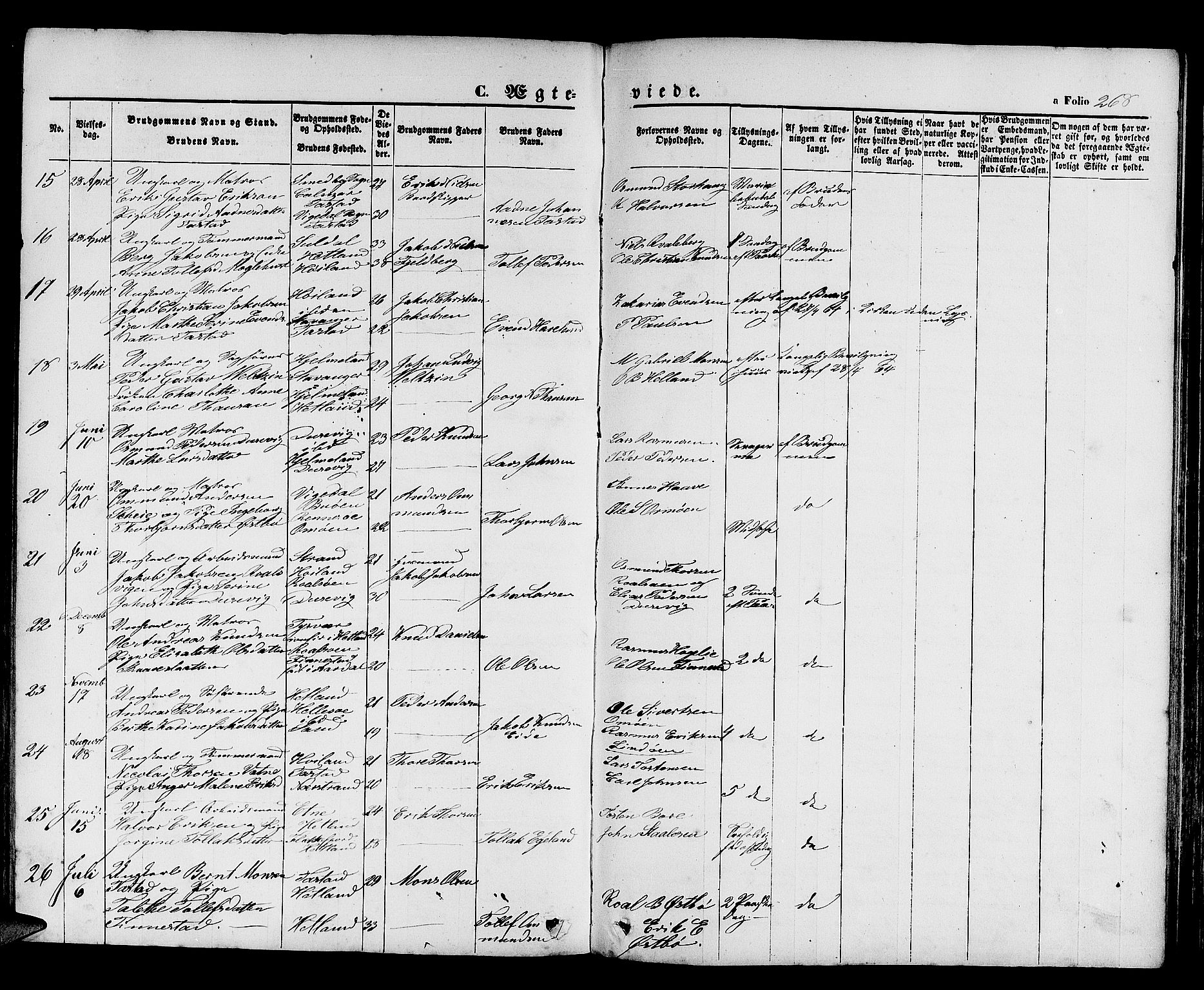 Hetland sokneprestkontor, AV/SAST-A-101826/30/30BB/L0003: Klokkerbok nr. B 3, 1863-1877, s. 268