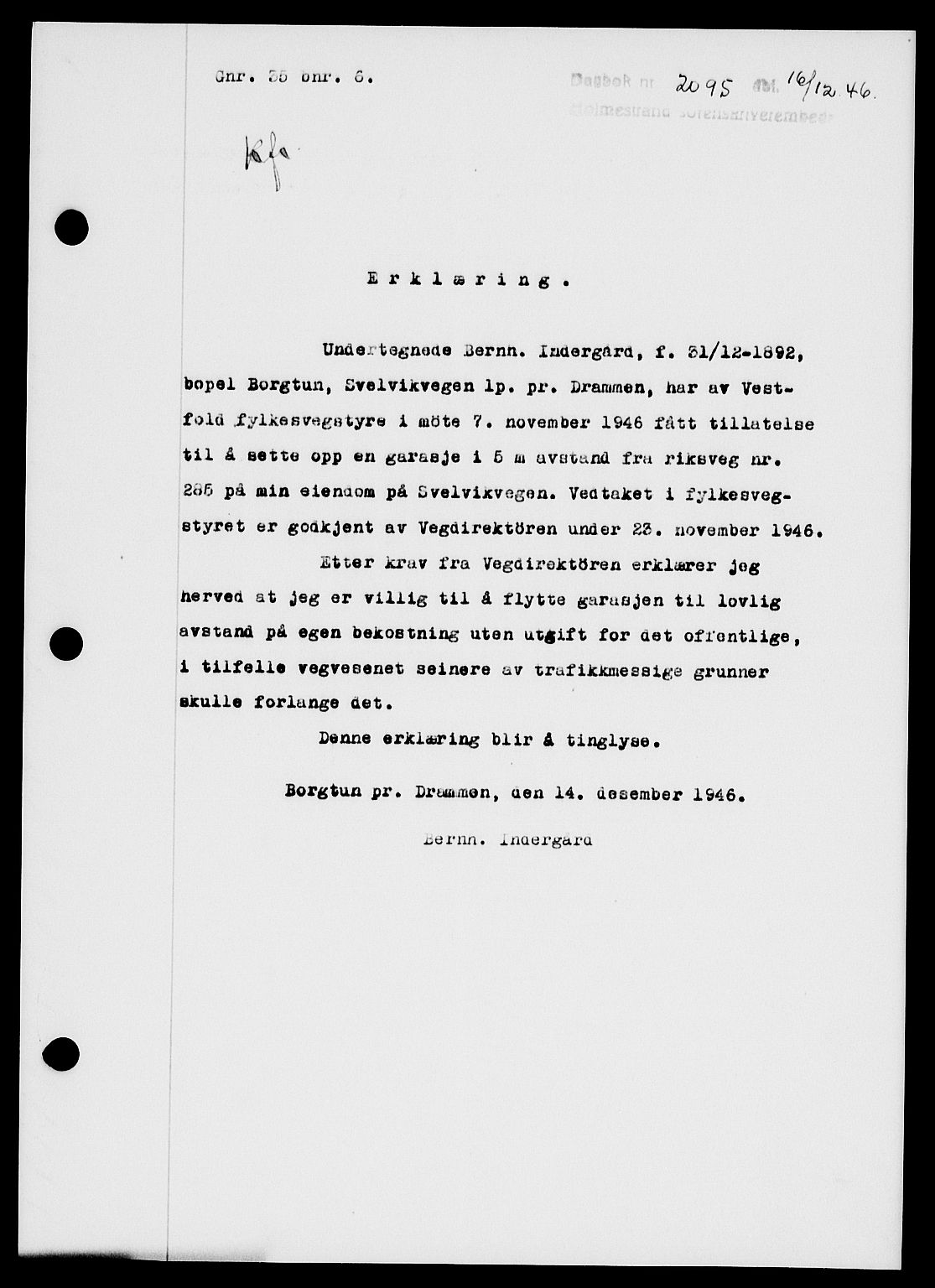 Holmestrand sorenskriveri, SAKO/A-67/G/Ga/Gaa/L0061: Pantebok nr. A-61, 1946-1947, Dagboknr: 2095/1946