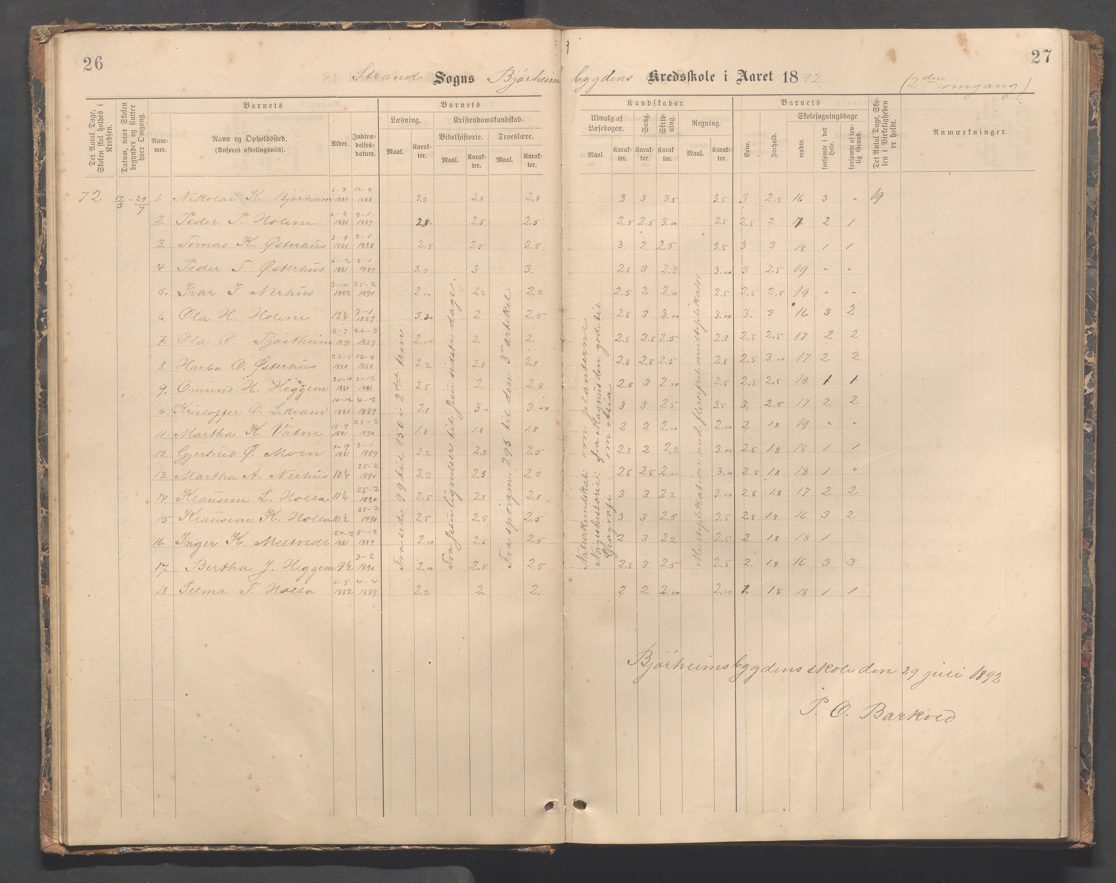 Strand kommune - Bjørheimsbygd skole, IKAR/A-147/H/L0002: Skoleprotokoll for Bjørheimsbygd og Lekvam krets, 1891-1907, s. 26-27