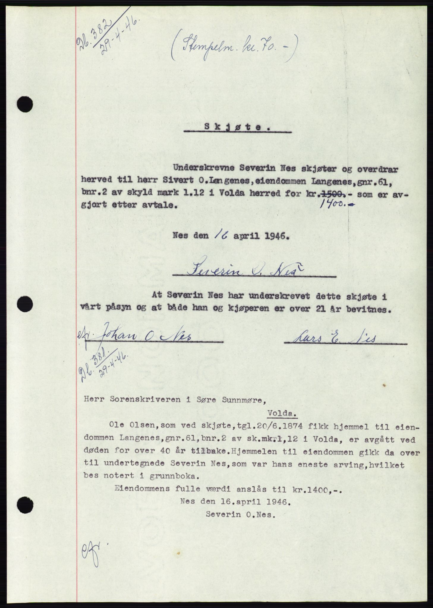 Søre Sunnmøre sorenskriveri, SAT/A-4122/1/2/2C/L0078: Pantebok nr. 4A, 1946-1946, Dagboknr: 382/1946