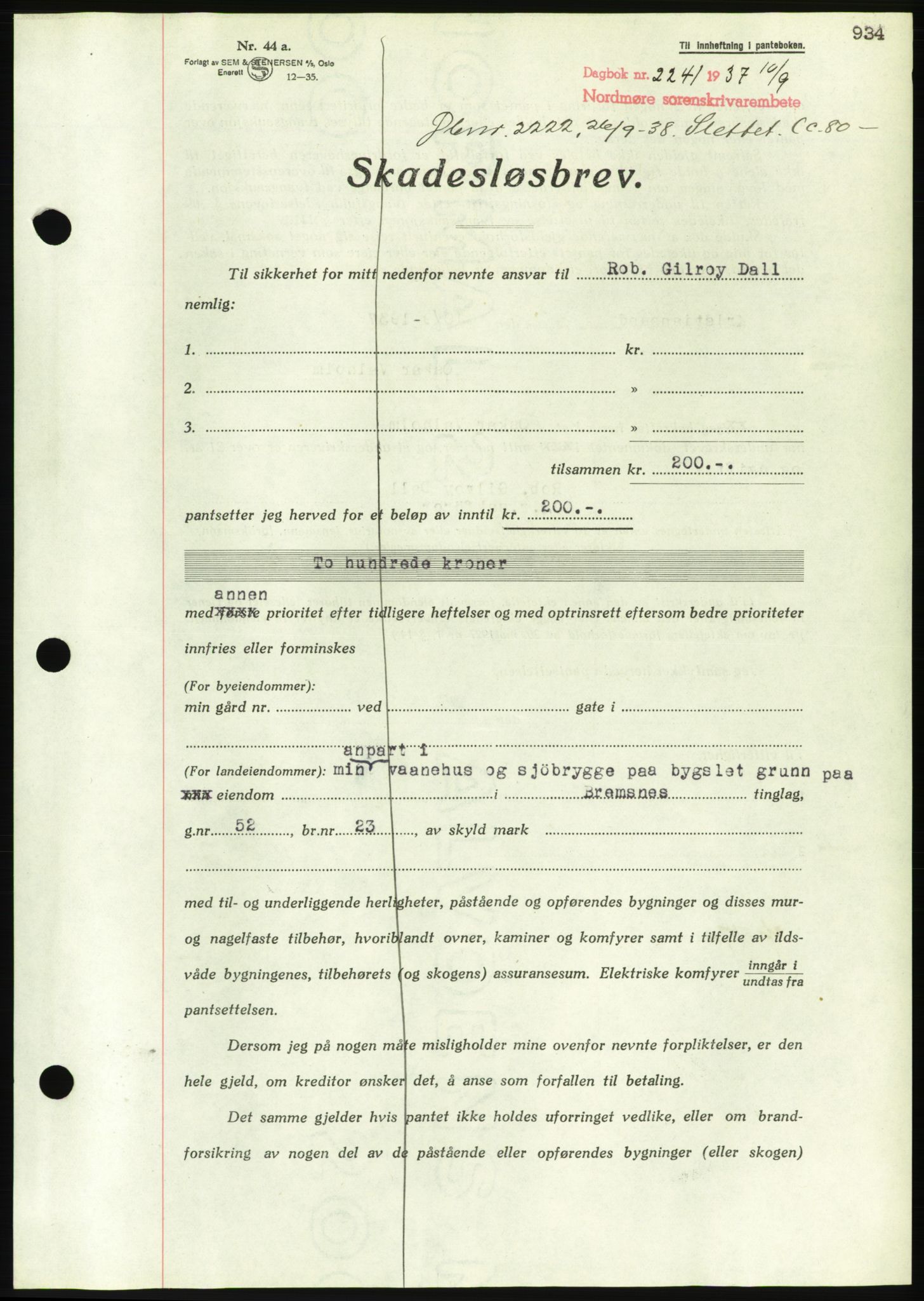 Nordmøre sorenskriveri, AV/SAT-A-4132/1/2/2Ca/L0091: Pantebok nr. B81, 1937-1937, Dagboknr: 2241/1937