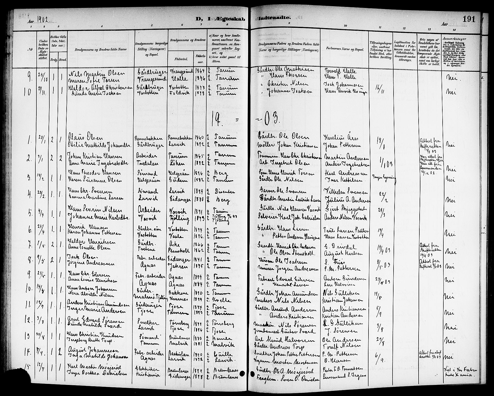 Brunlanes kirkebøker, SAKO/A-342/G/Ga/L0004: Klokkerbok nr. I 4, 1898-1921, s. 191