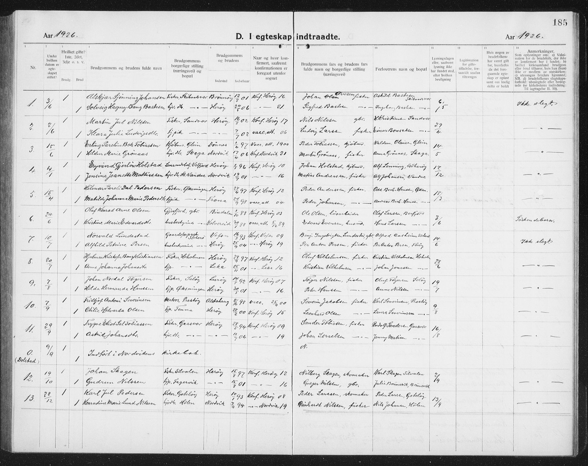 Ministerialprotokoller, klokkerbøker og fødselsregistre - Nordland, AV/SAT-A-1459/834/L0517: Klokkerbok nr. 834C07, 1919-1939, s. 185