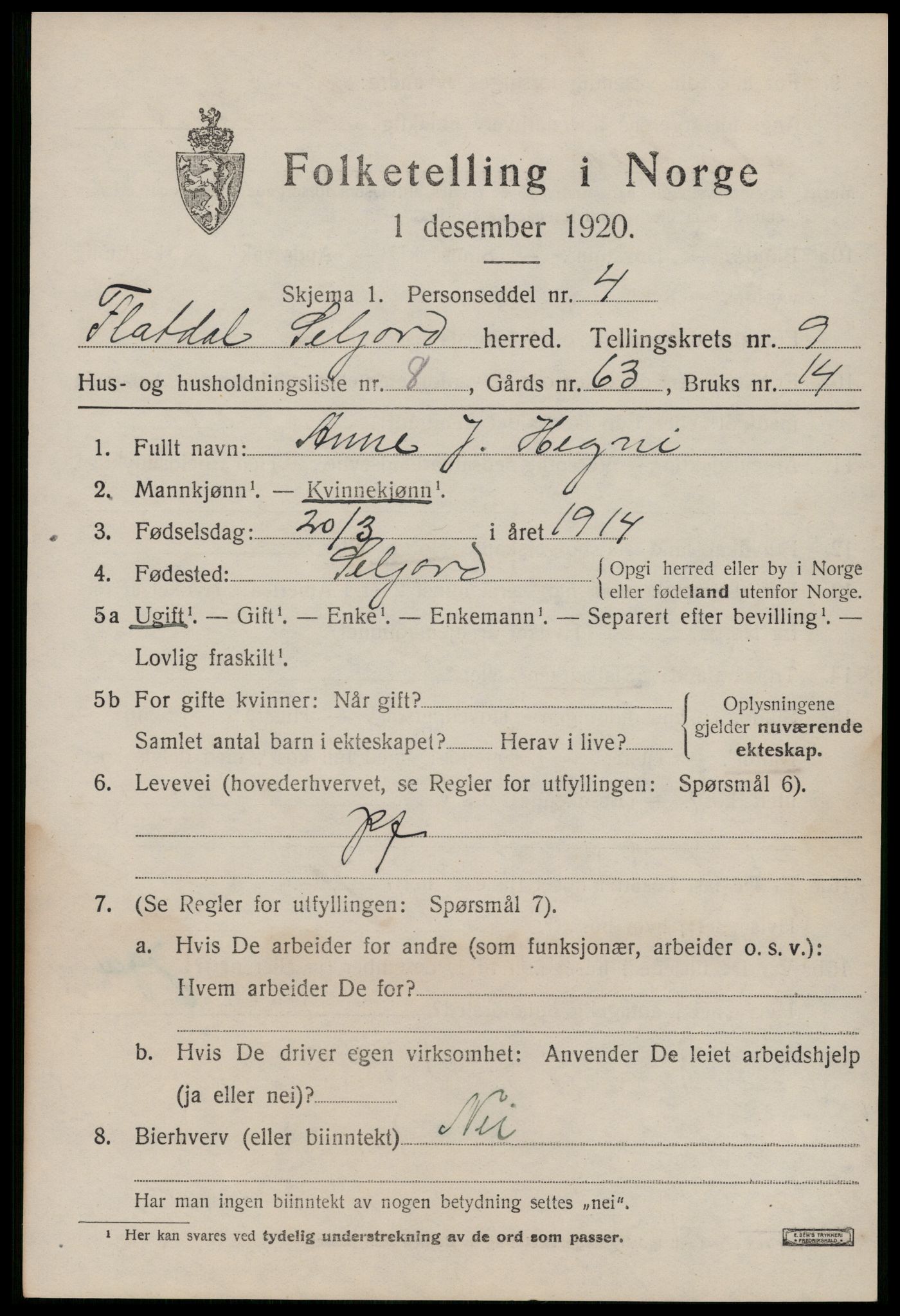 SAKO, Folketelling 1920 for 0828 Seljord herred, 1920, s. 4286