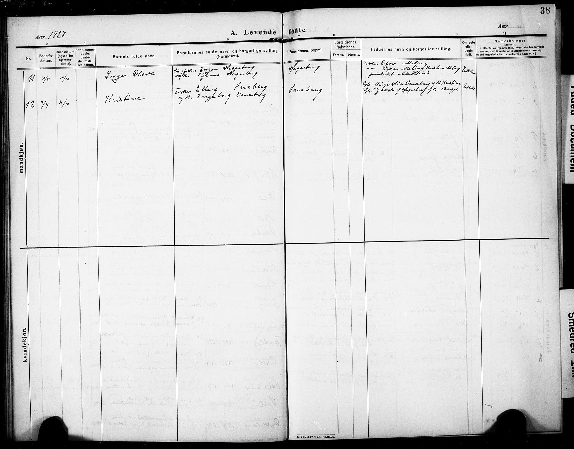 Rennesøy sokneprestkontor, AV/SAST-A -101827/H/Ha/Hab/L0013: Klokkerbok nr. B 12, 1907-1928, s. 38