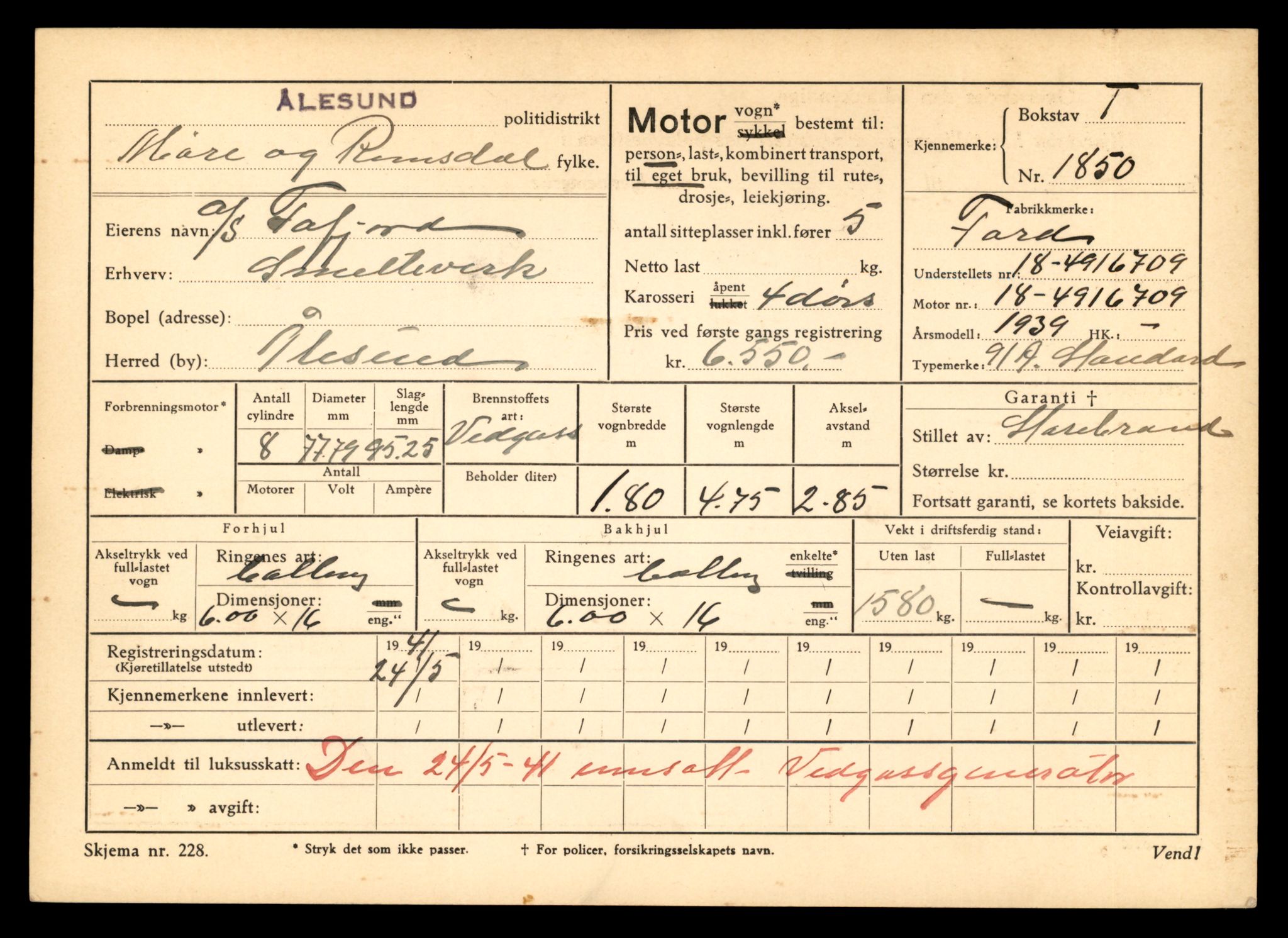 Møre og Romsdal vegkontor - Ålesund trafikkstasjon, AV/SAT-A-4099/F/Fe/L0015: Registreringskort for kjøretøy T 1700 - T 1850, 1927-1998, s. 3055