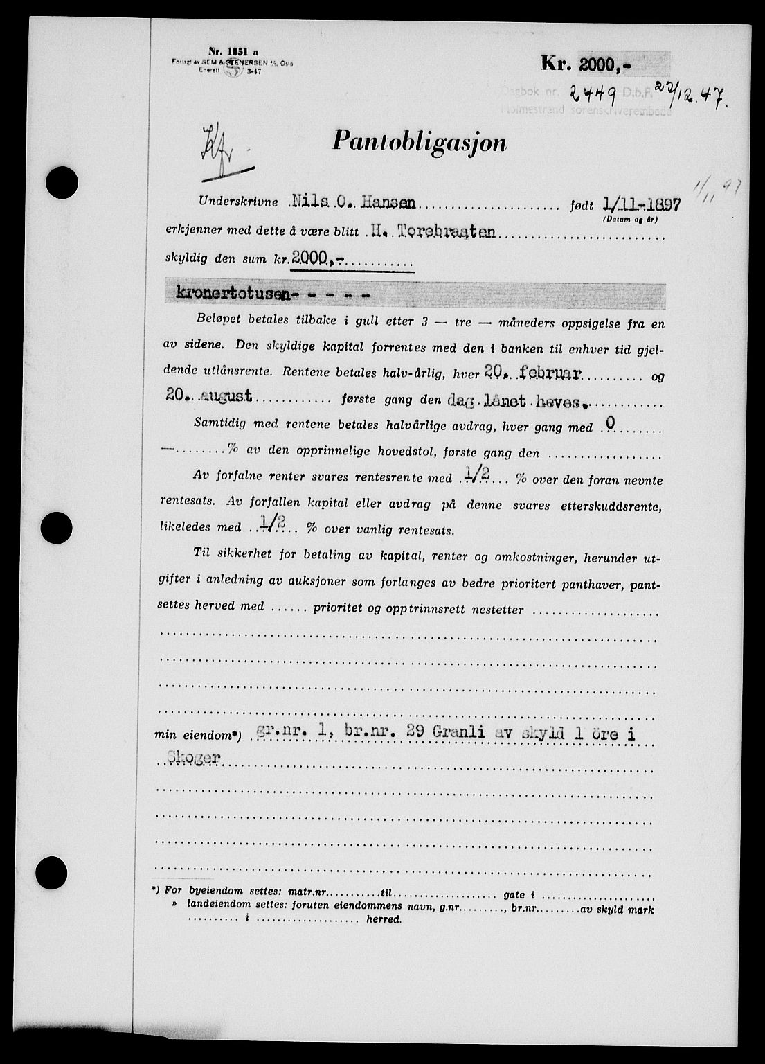 Holmestrand sorenskriveri, SAKO/A-67/G/Ga/Gab/L0058: Pantebok nr. B-58, 1947-1948, Dagboknr: 2449/1947