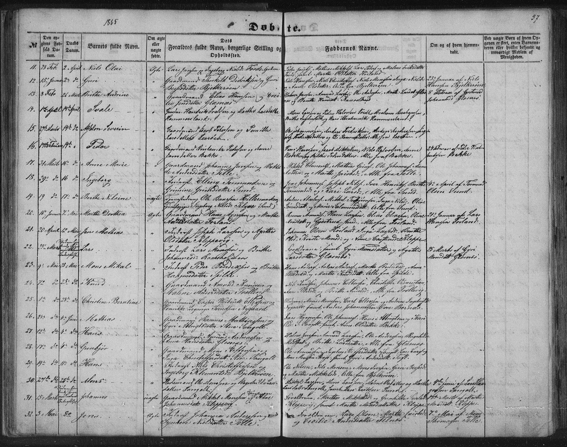 Sund sokneprestembete, AV/SAB-A-99930: Klokkerbok nr. B 1, 1852-1873, s. 37