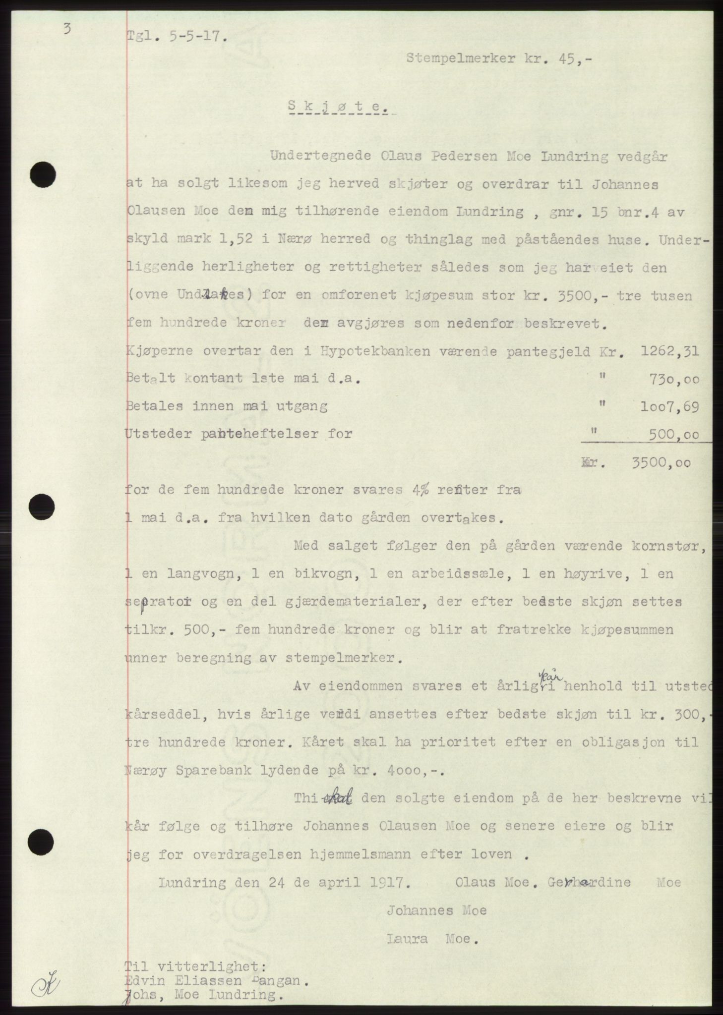 Namdal sorenskriveri, SAT/A-4133/1/2/2C: Pantebok nr. -, 1916-1921, Tingl.dato: 05.05.1917