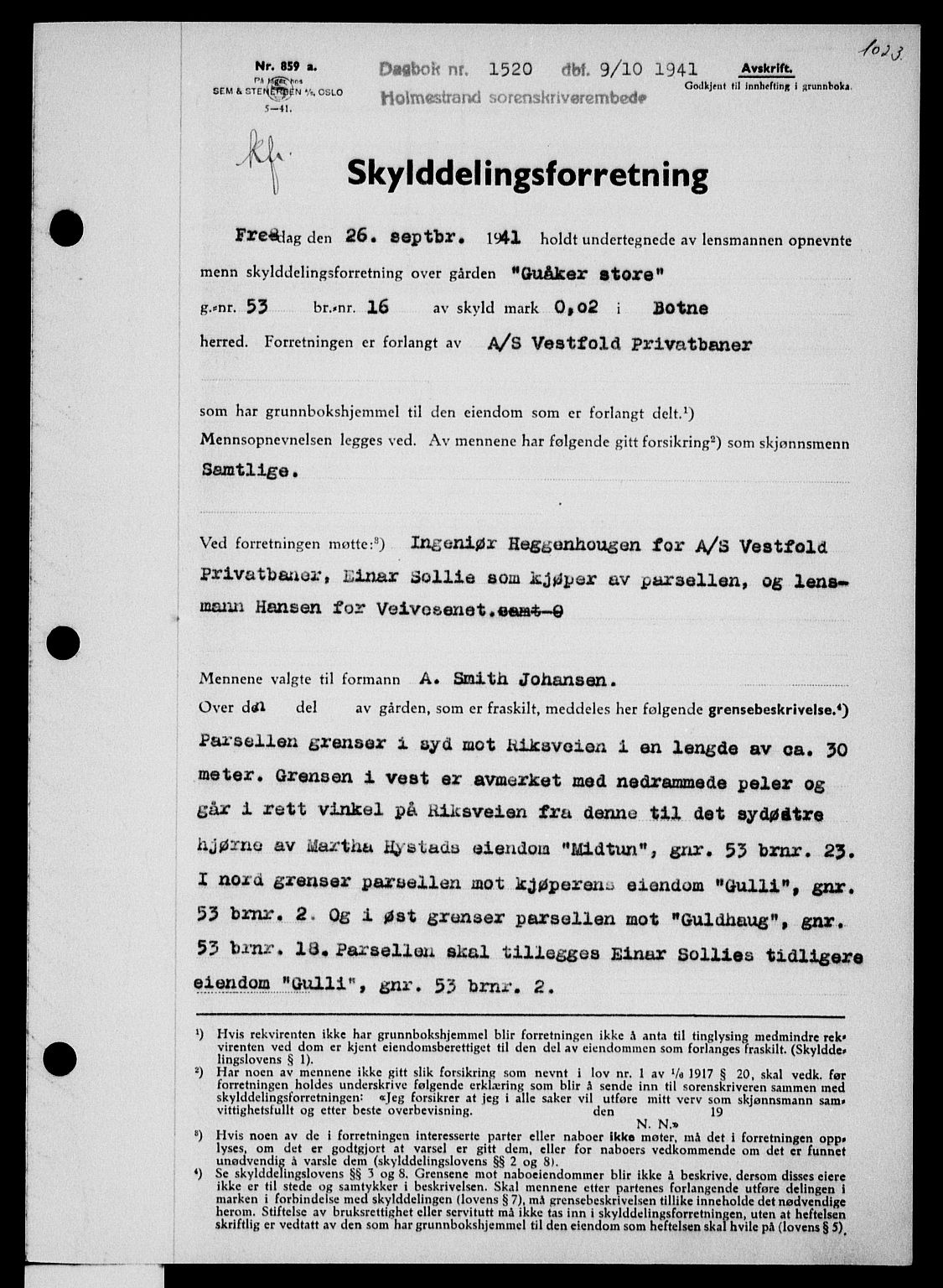 Holmestrand sorenskriveri, SAKO/A-67/G/Ga/Gaa/L0053: Pantebok nr. A-53, 1941-1941, Dagboknr: 1520/1941