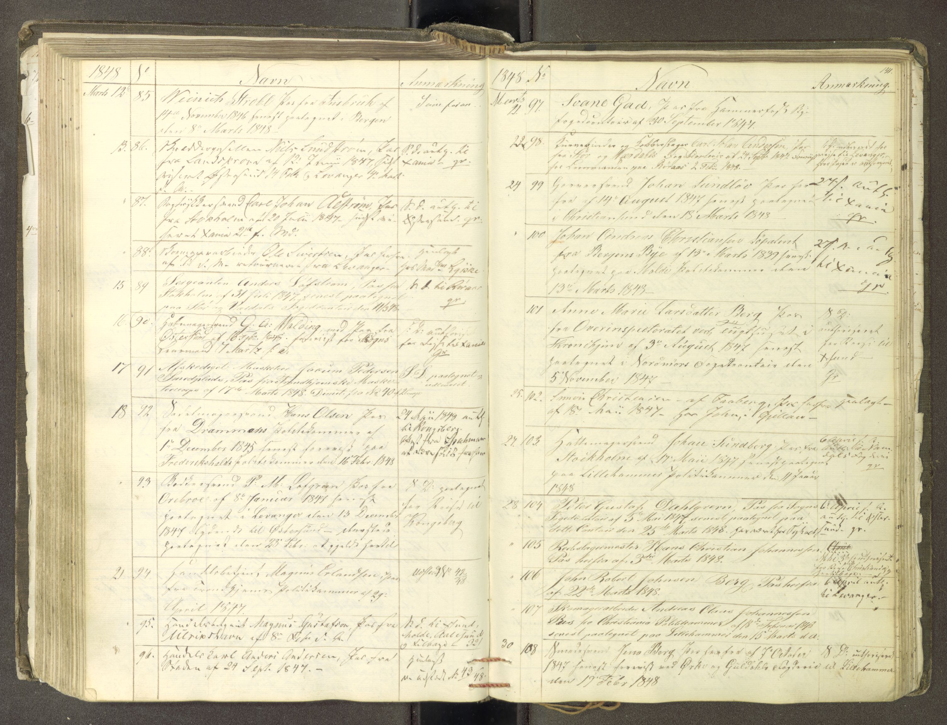 Trondheim politikammer, AV/SAT-A-1887/1/30/L0009: Passprotokoll. Første del:utstedtete pass. Andre del :innleverte/fornyede, 1845-1850, s. 140b-141a