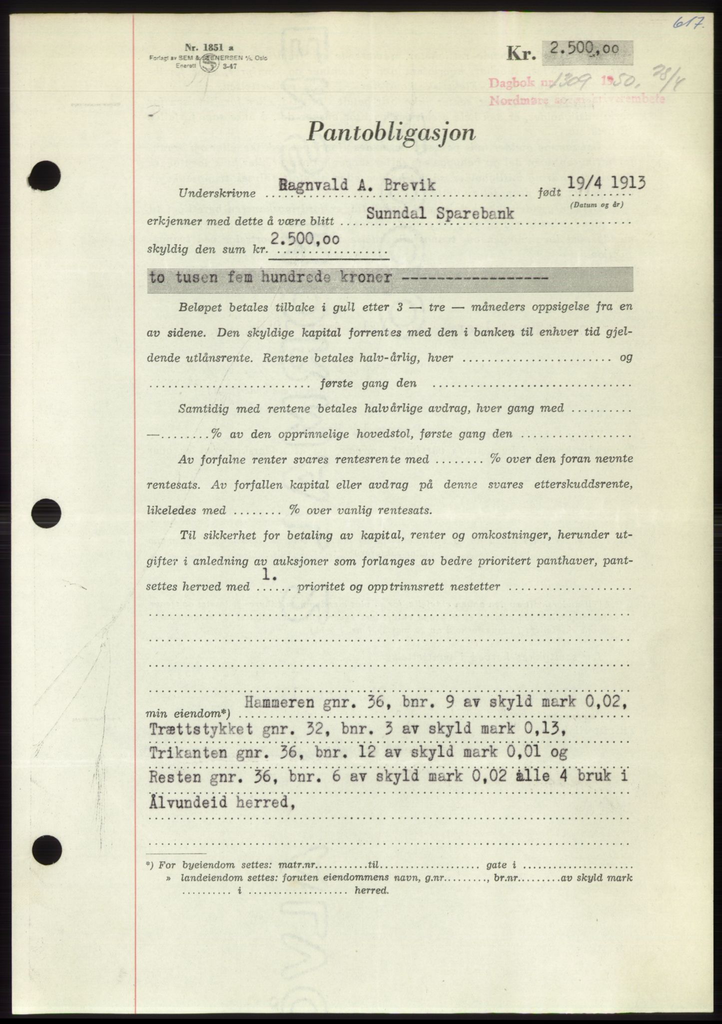 Nordmøre sorenskriveri, AV/SAT-A-4132/1/2/2Ca: Pantebok nr. B104, 1950-1950, Dagboknr: 1309/1950