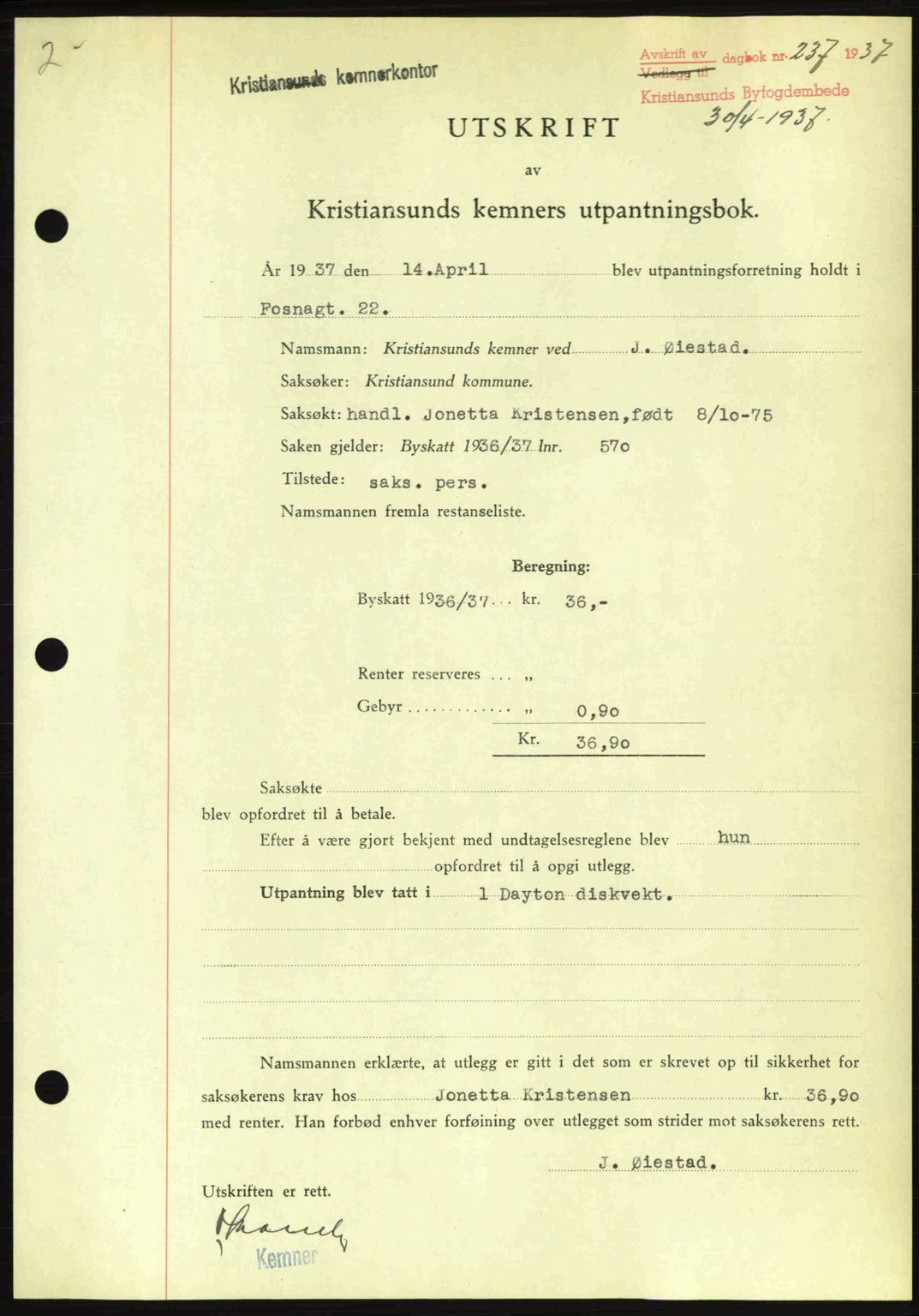 Kristiansund byfogd, SAT/A-4587/A/27: Pantebok nr. 29, 1936-1937, Dagboknr: 237/1937